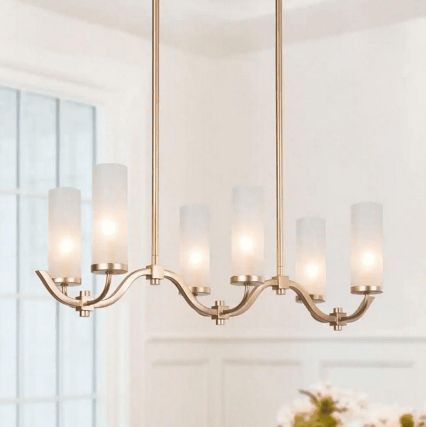 Modern Brass Gold Linear 6-Light Chandelier with Frosted Glass Shades