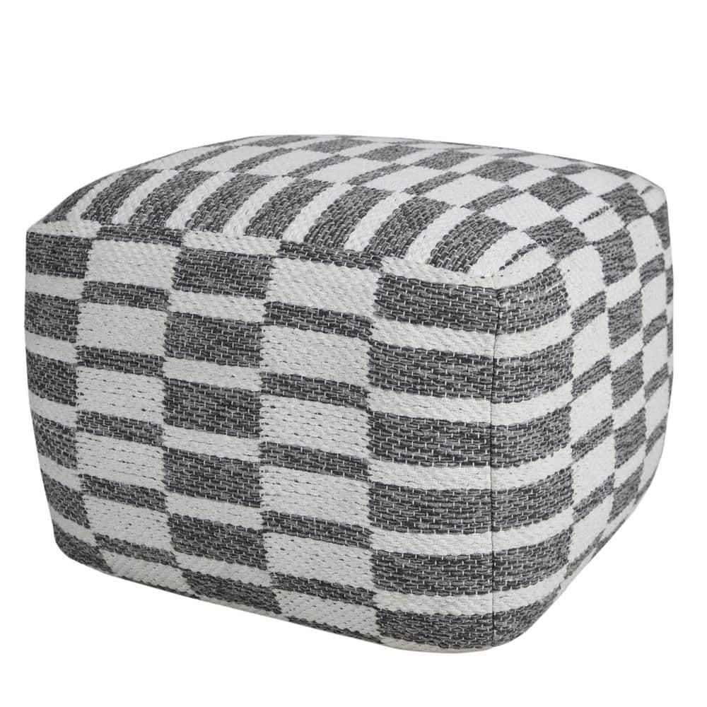 Chic Checkered Weave Pouf Ottoman in Gray and White, 18" Cube