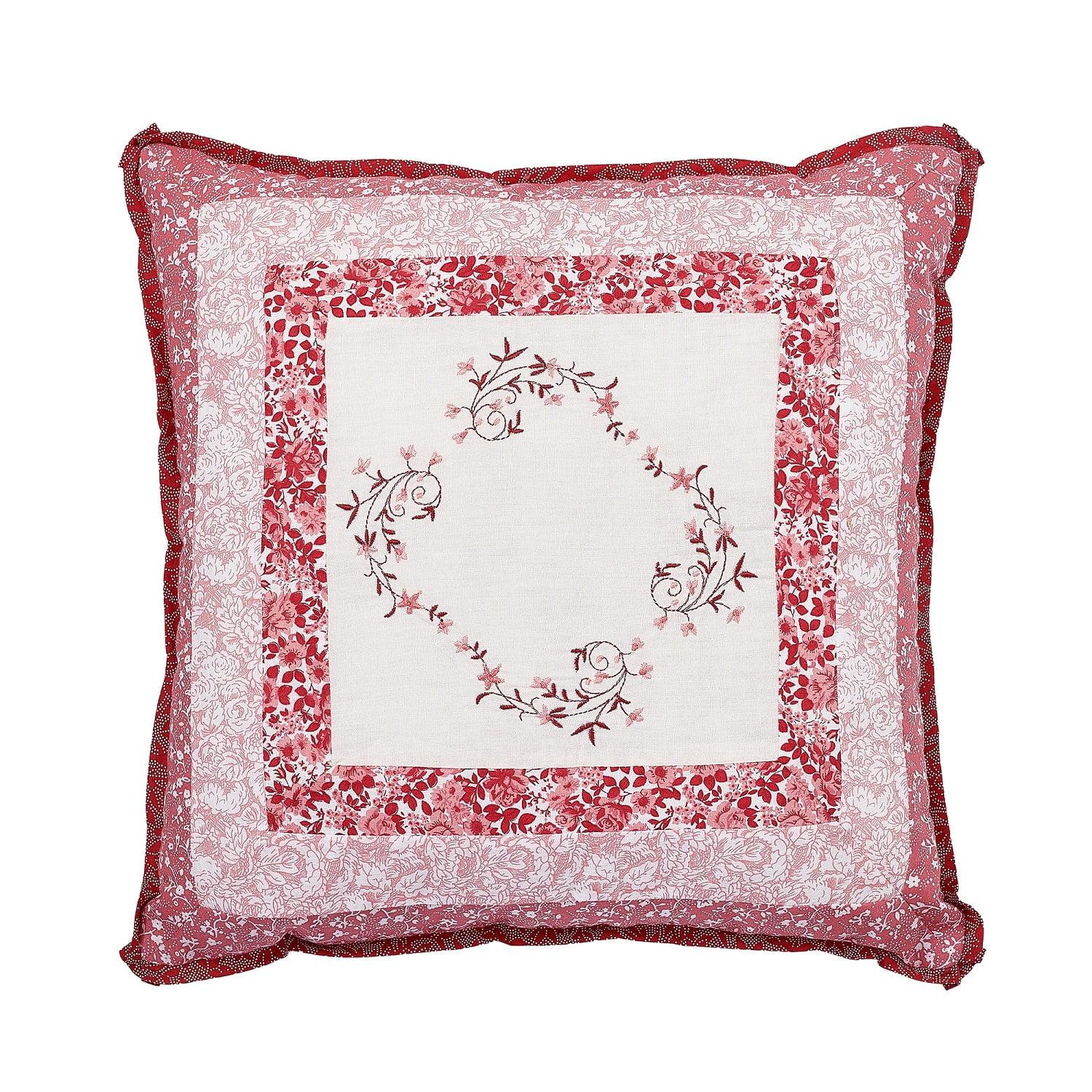 Caroline Red and White Embroidered Floral Square Pillow