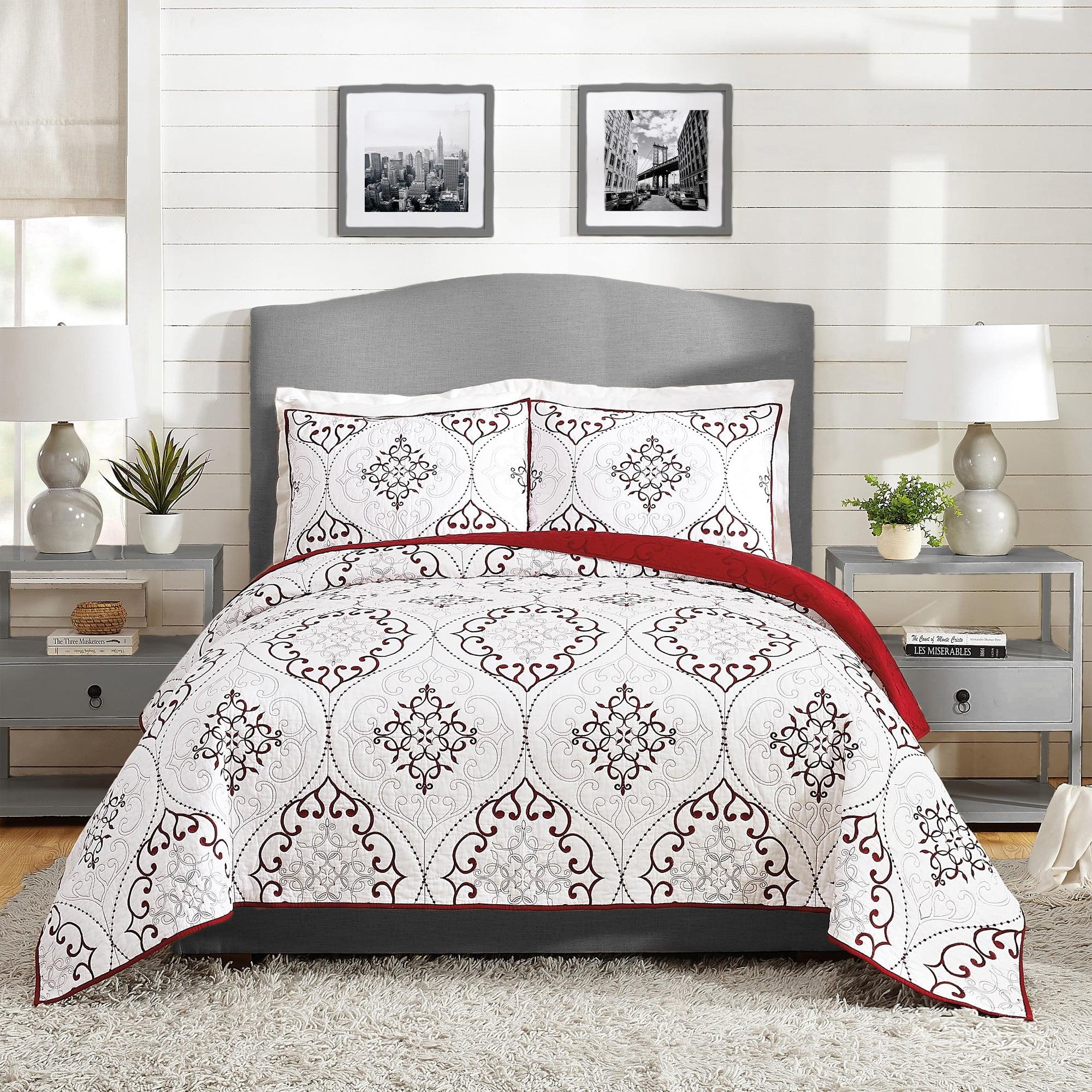 King Red Cotton Reversible Medallion Quilt Set