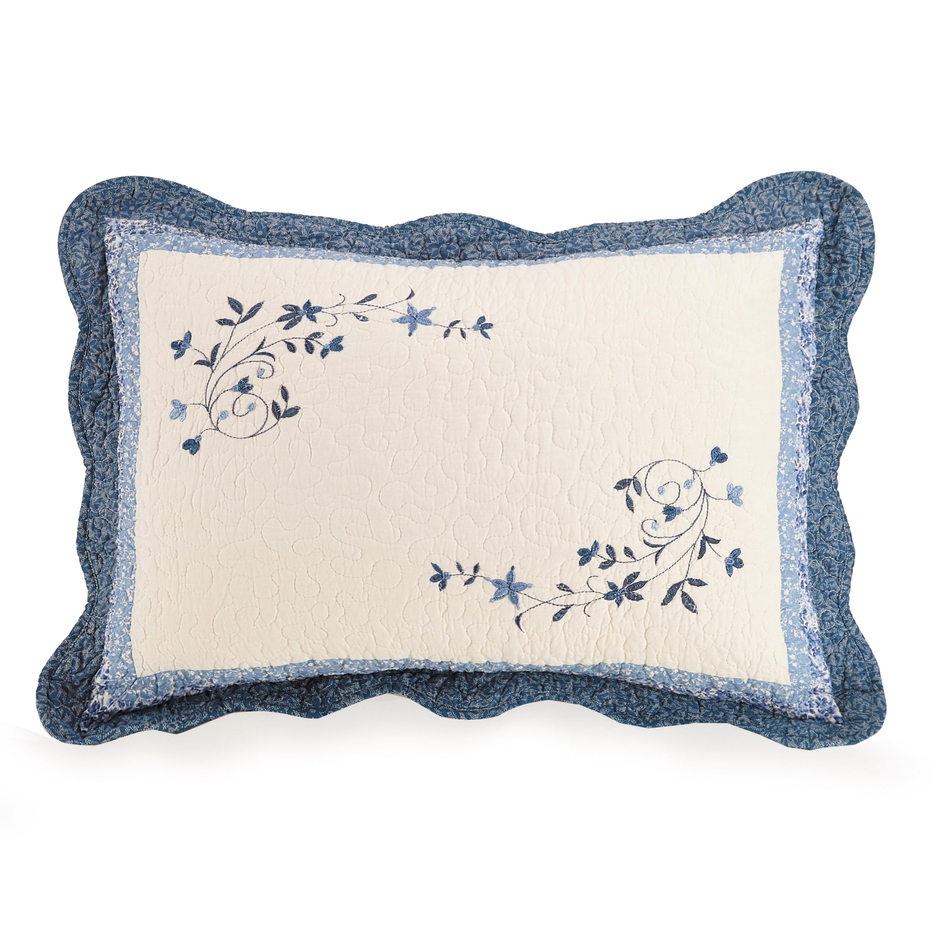 Embroidered Blue Floral Scrolls Cotton-Polyester Standard Sham