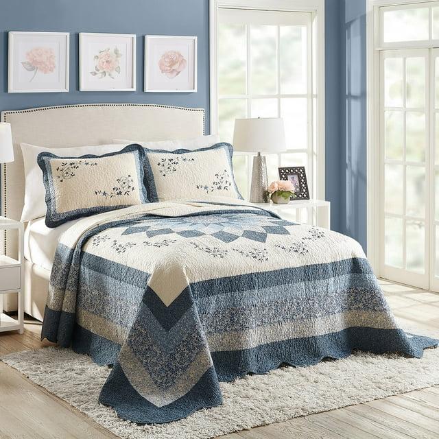 Modern Heirloom Queen Charlotte Bedspread Blue: Floral Pattern, Machine Washable, Plain Weave