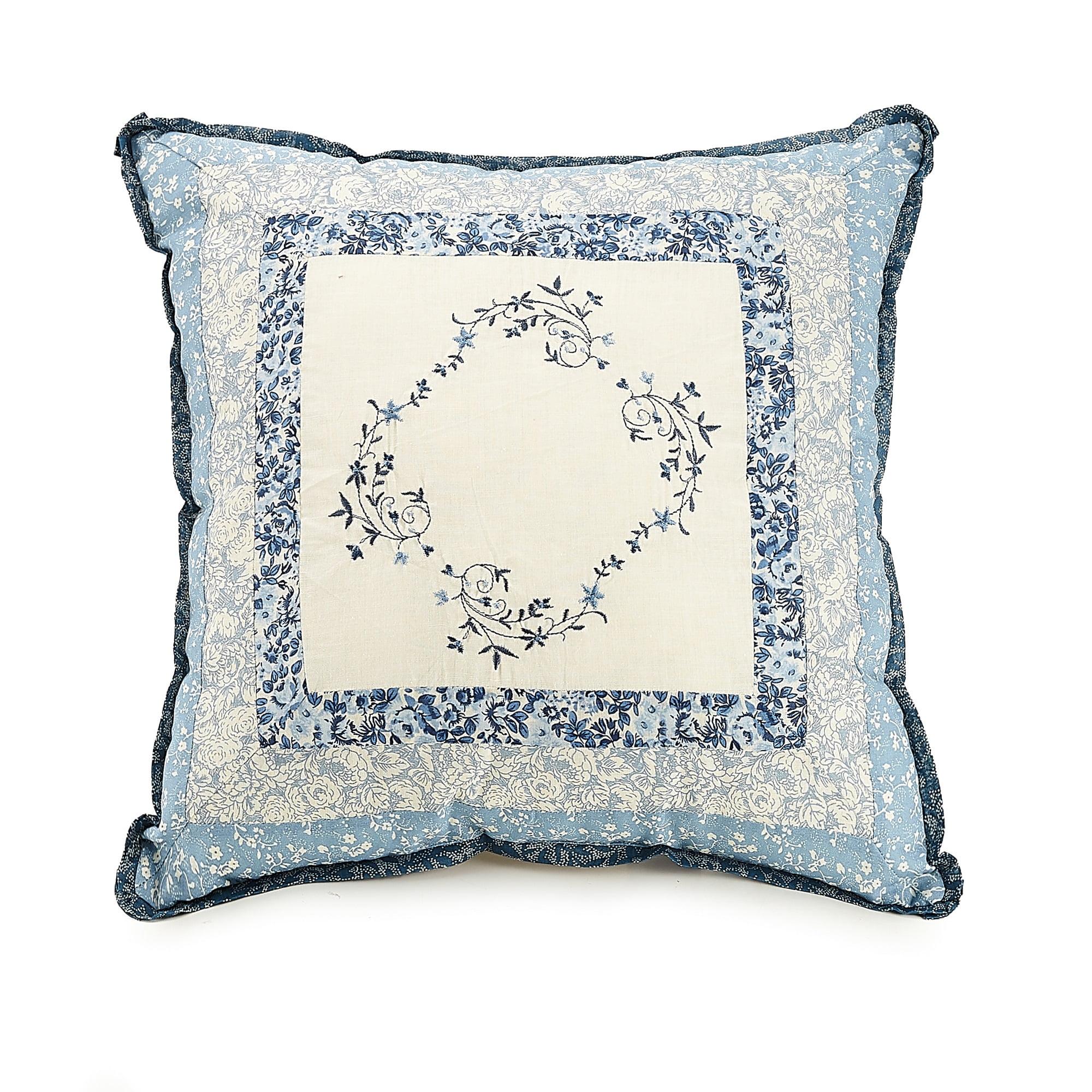 16" Square Blue Floral Embroidered Cotton Pillow