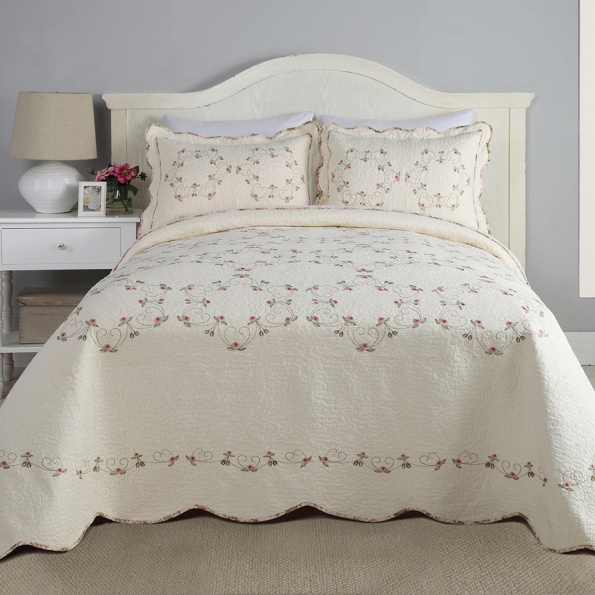 Charming Rosebud Embroidered Cotton Quilt Set - Full Size, Pink