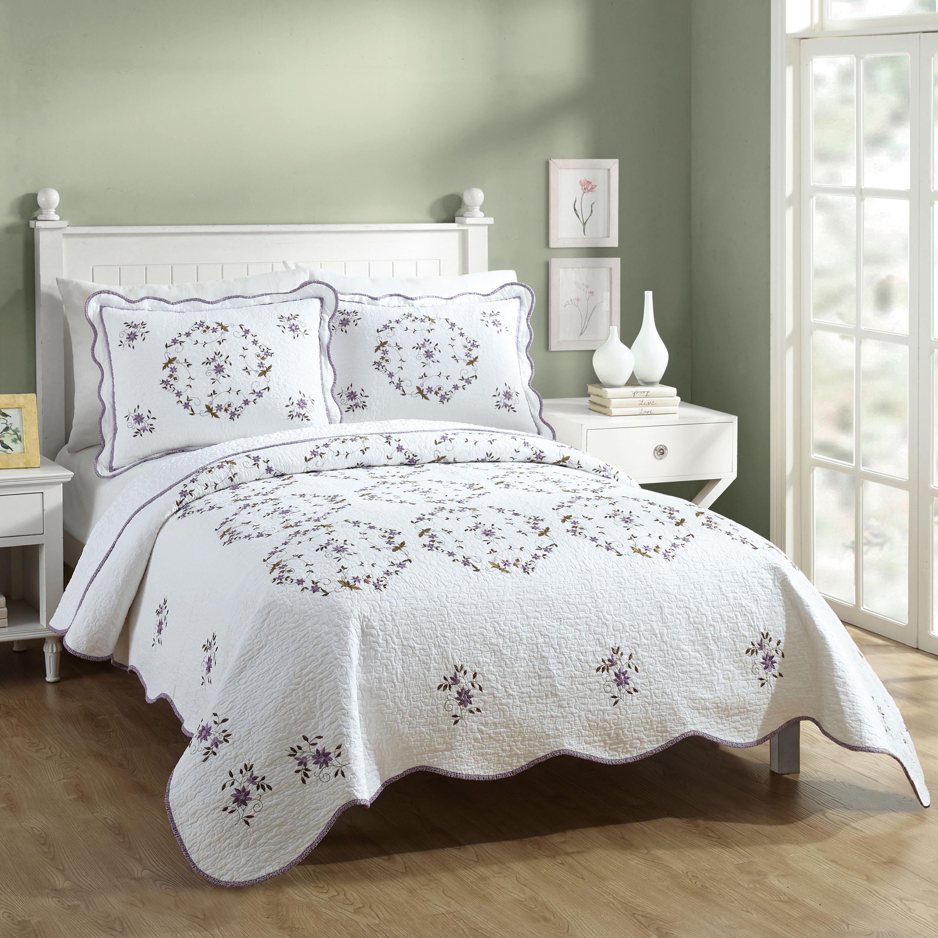 White Cotton Full Quilt Set with Embroidered Floral Design