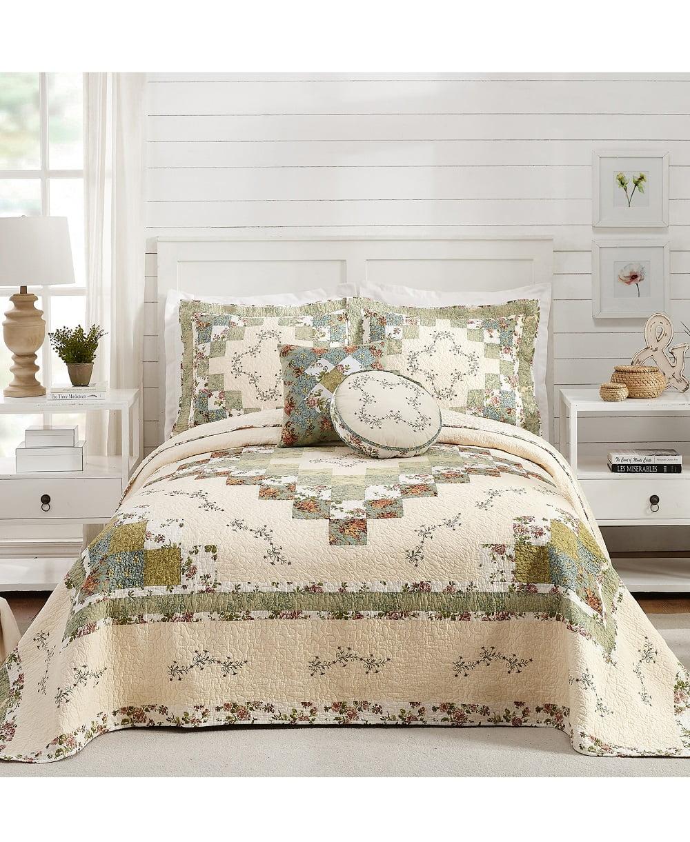 Olivia Green and Cream Cotton Queen Bedspread with Floral Embroidery