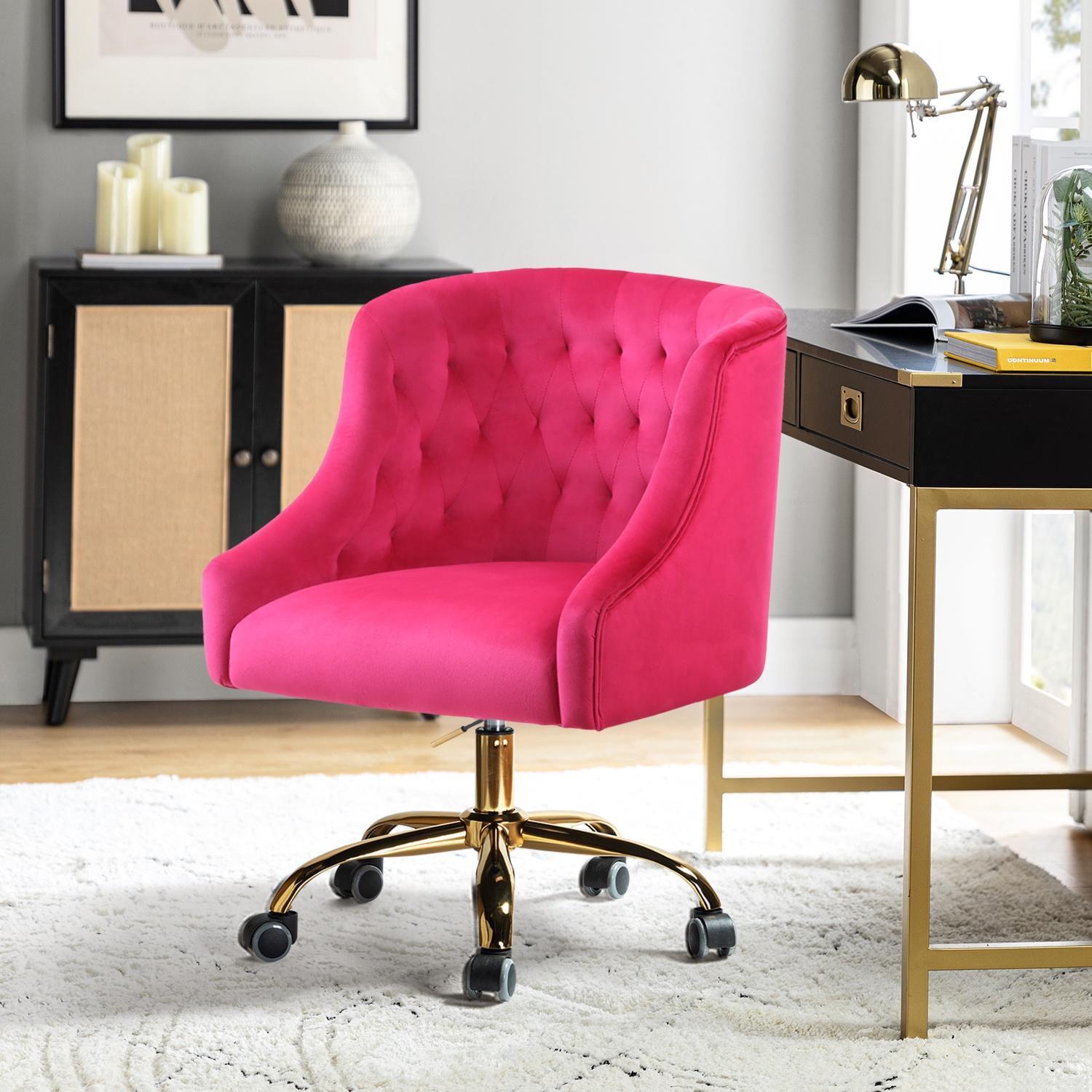 Eugenia Fushia Velvet Swivel Task Chair with Fixed Arms and Wood Accents