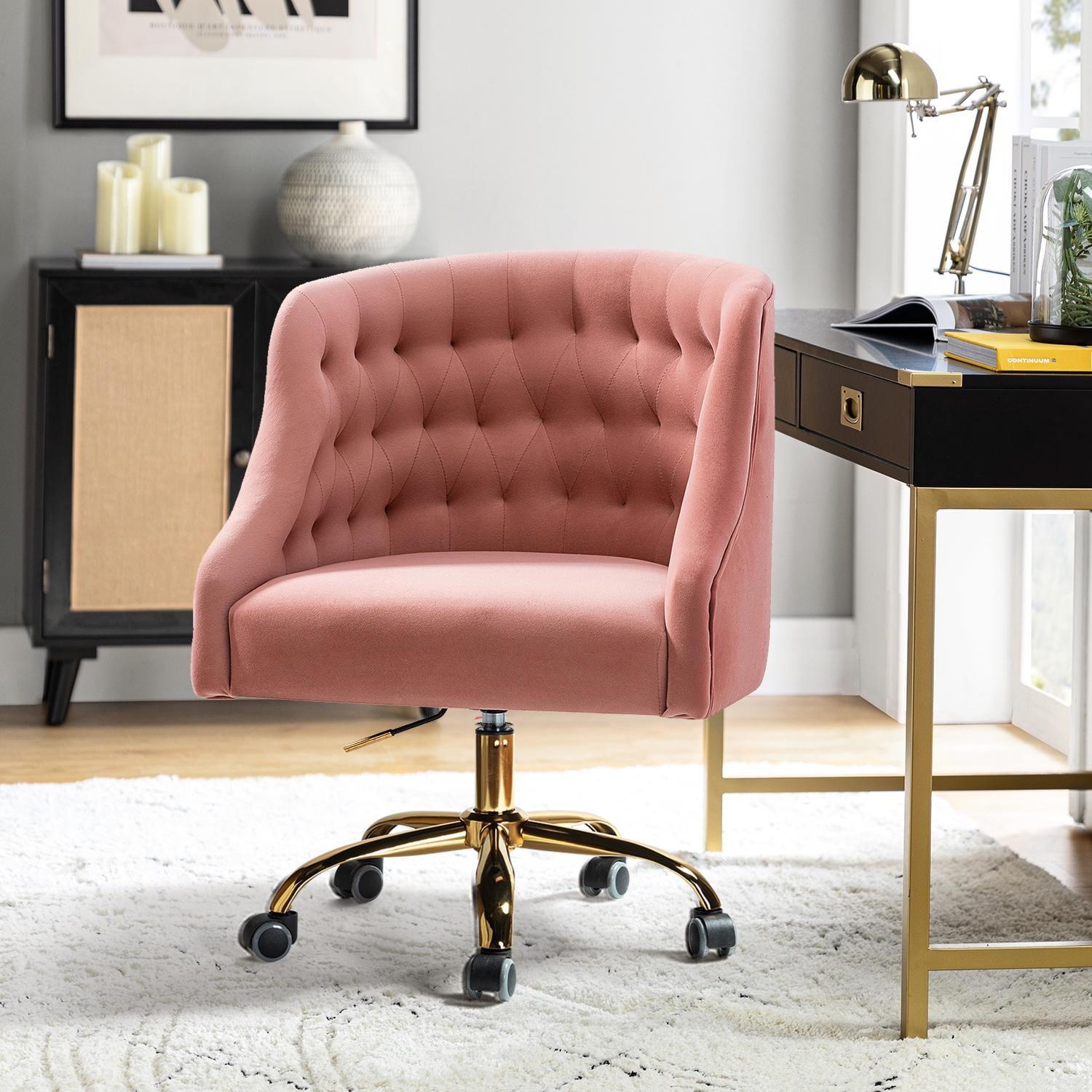 Ergonomic Pink Velvet Swivel Office Chair with Gold Metal Legs