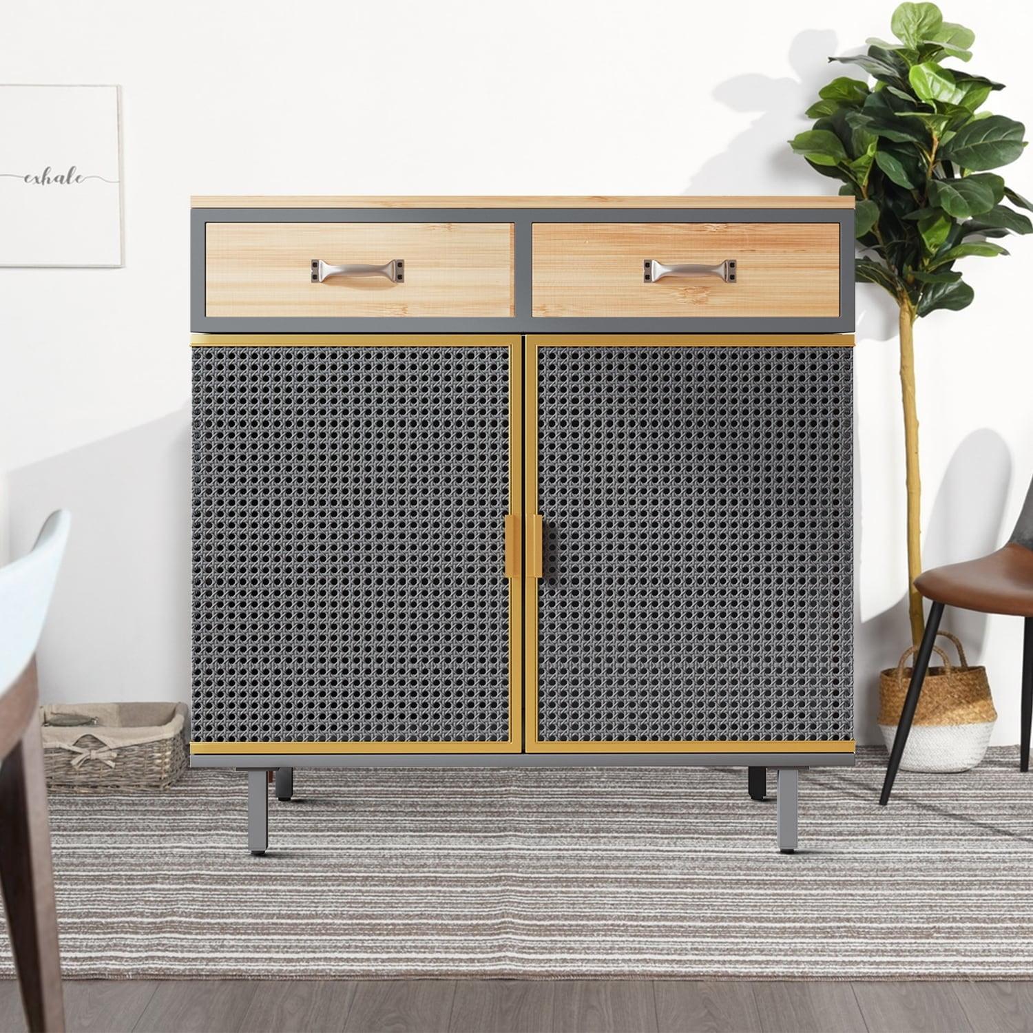 Dark Gray and Natural Metal Sideboard with Bamboo Top and Drawers