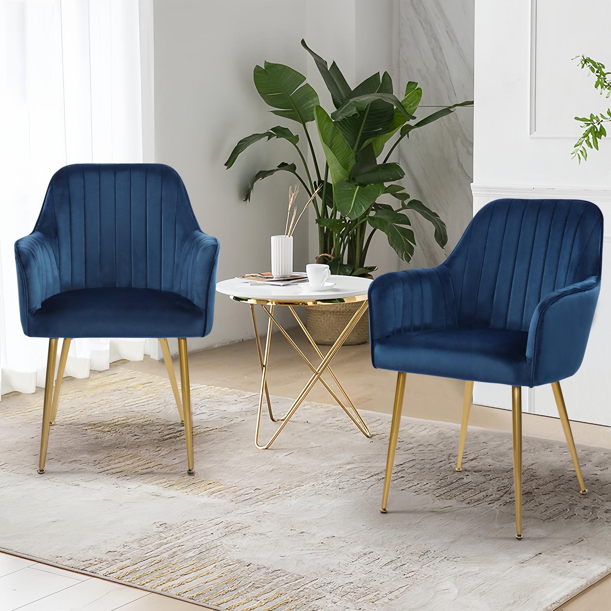 Blue Velvet Upholstered Arm Chair with Gold Metal Legs