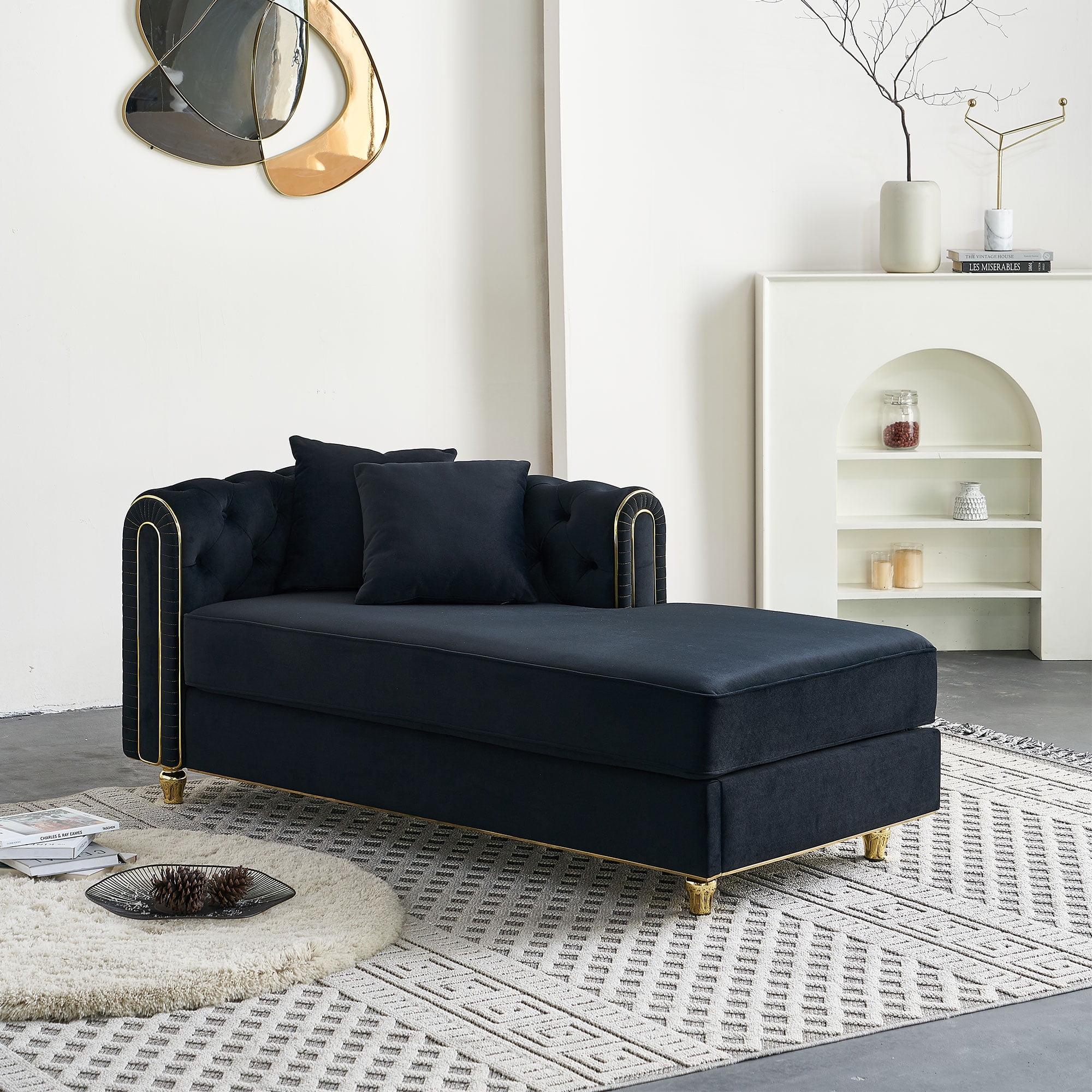 Black Velvet Chaise Lounge with Gold Accents and Pillows