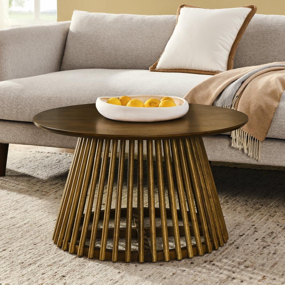 Brown Solid Wood Round Coffee Table with Slatted Base