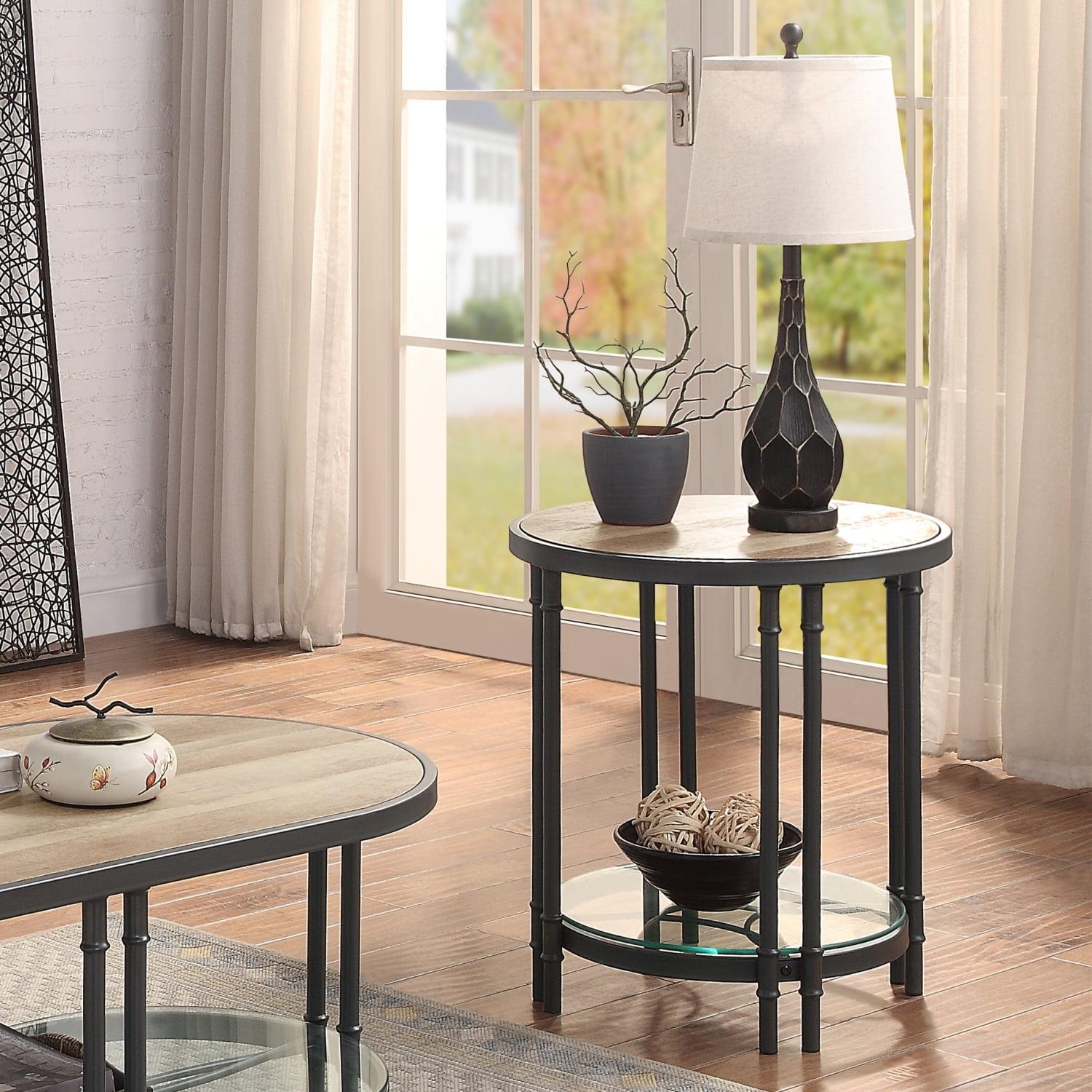 Acme Furniture Brantley 22" 1 Tier Shelf Accent Table Oak and Sandy Black: Round Beveled Edge, No Assembly Required
