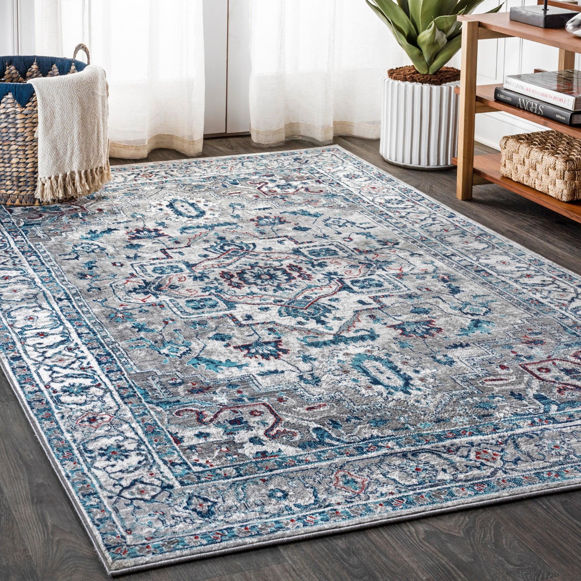 4'x6' Modern Persian Vintage Medallion Area Rug, Light Grey/Blue - JONATHAN Y