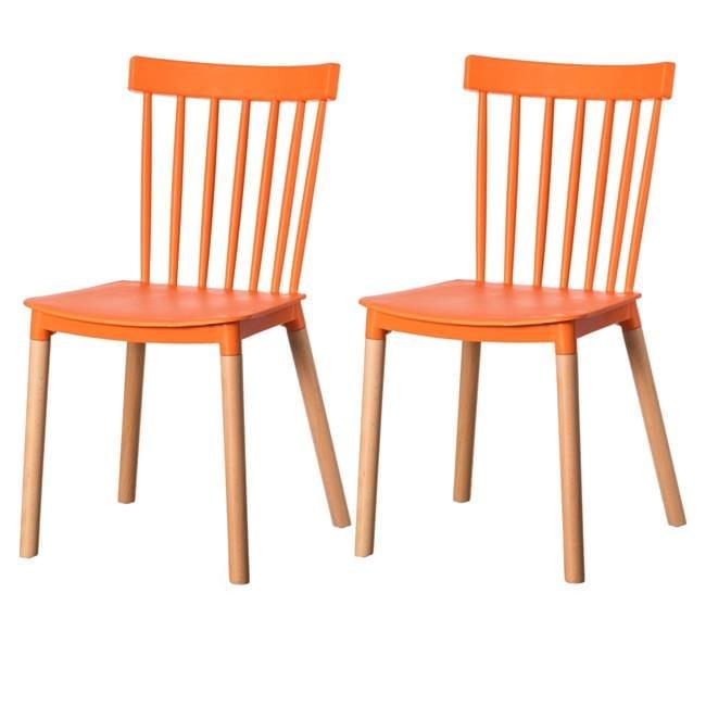 Fabulaxe Plastic Dining Chair Windsor Design with Beech Wood Legs, Orange Set of 2