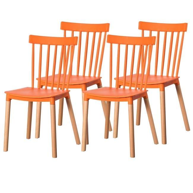 Fabulaxe Plastic Dining Chair Windsor Design with Beech Wood Legs, Orange Set of 4