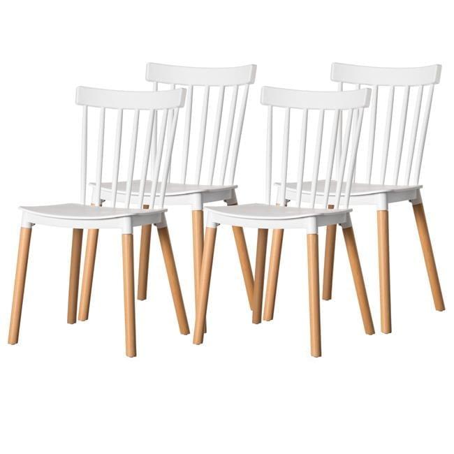 Modern Plastic Dining Chair Windsor Design with Beech Wood Legs, White Set of 4