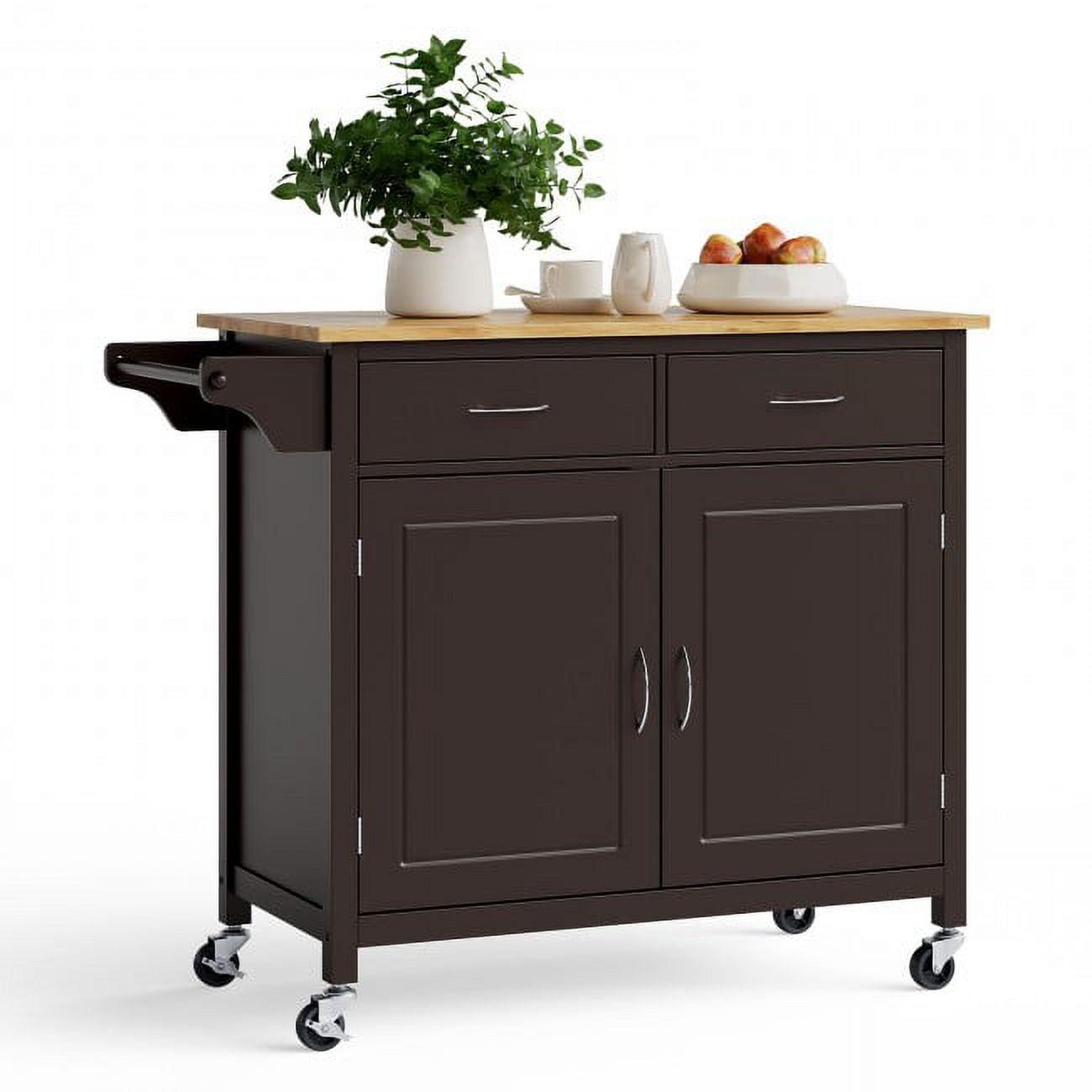 Modern Dark Brown Rolling Kitchen Cart with Wood Top and Storage