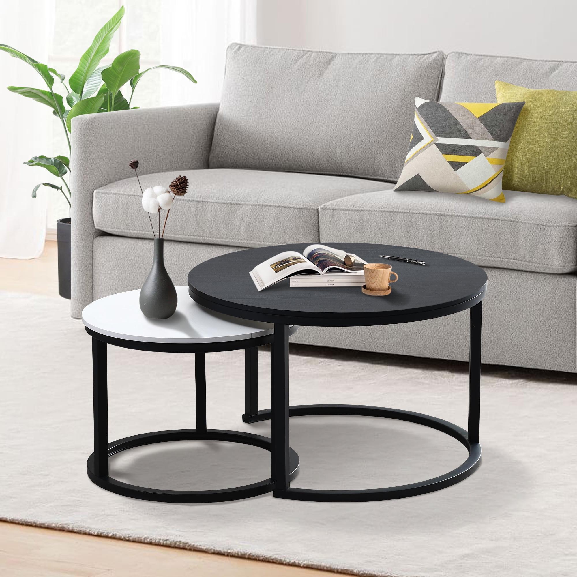 DEXTRUS Round Nesting Coffee Table Set of 2, Snack End Table with Metal Frame for Living Room, White & Black