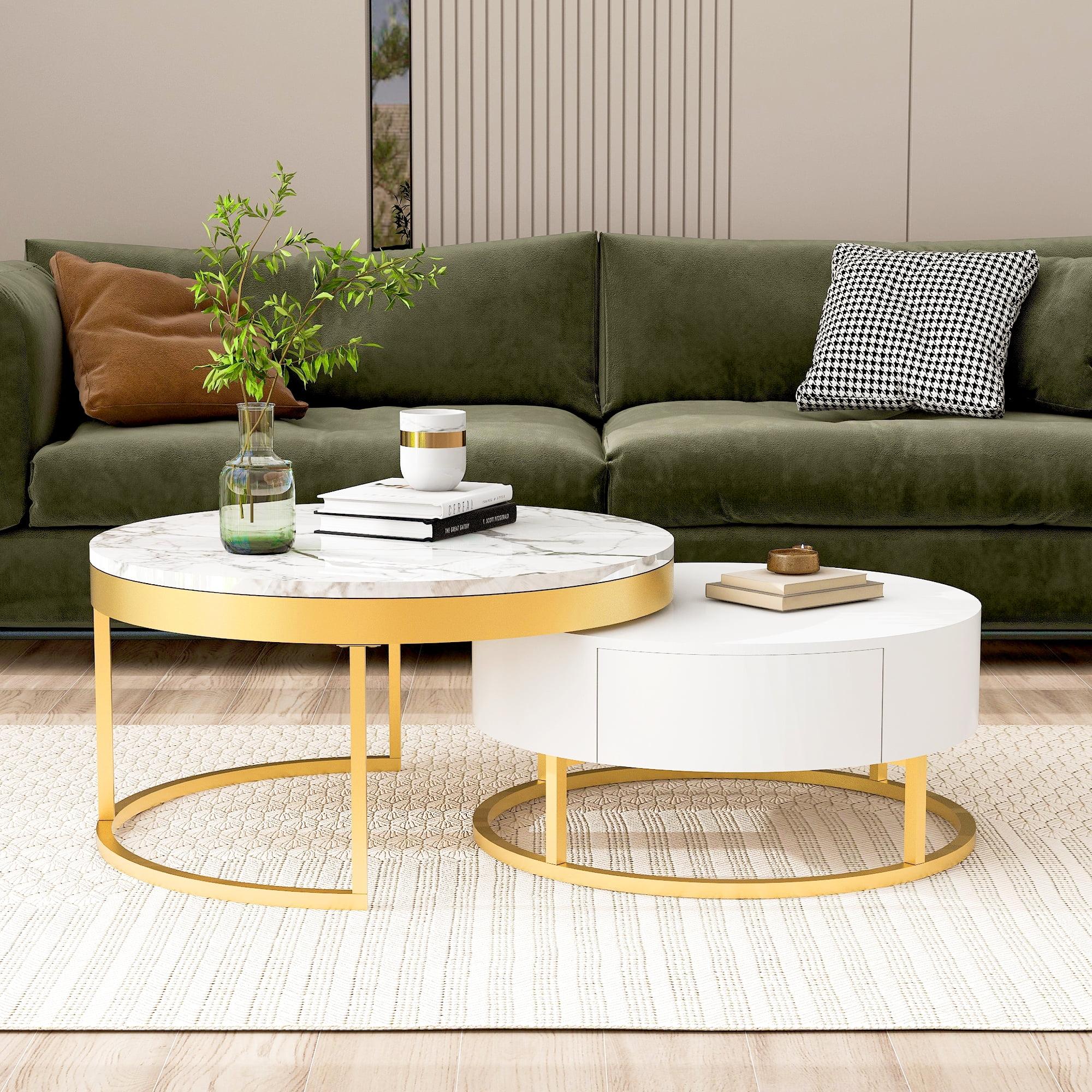 Modern White and Gold Round Nesting Coffee Table Set with Storage