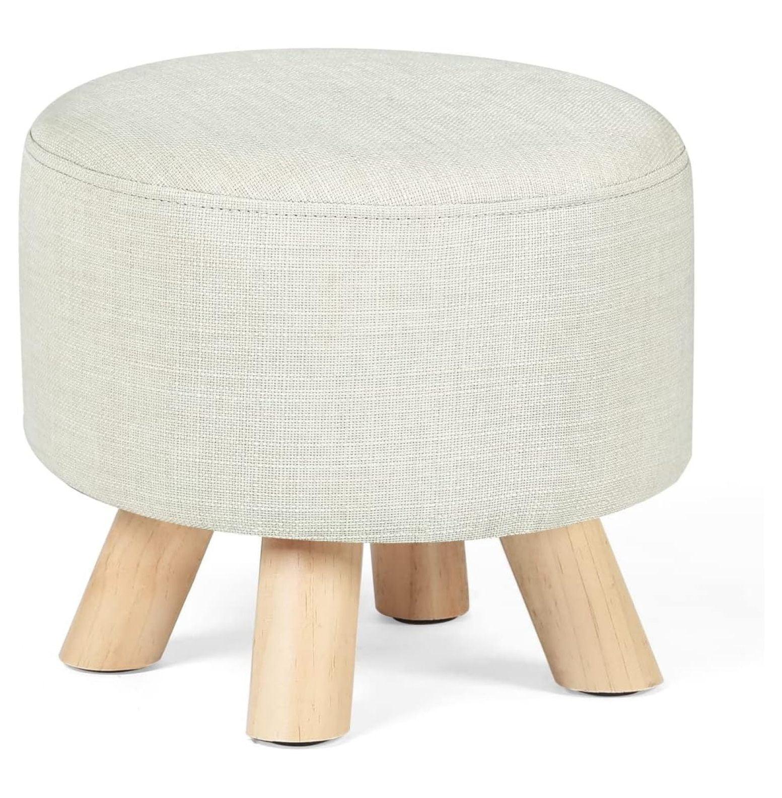 Beige Round Linen Ottoman with Wooden Legs