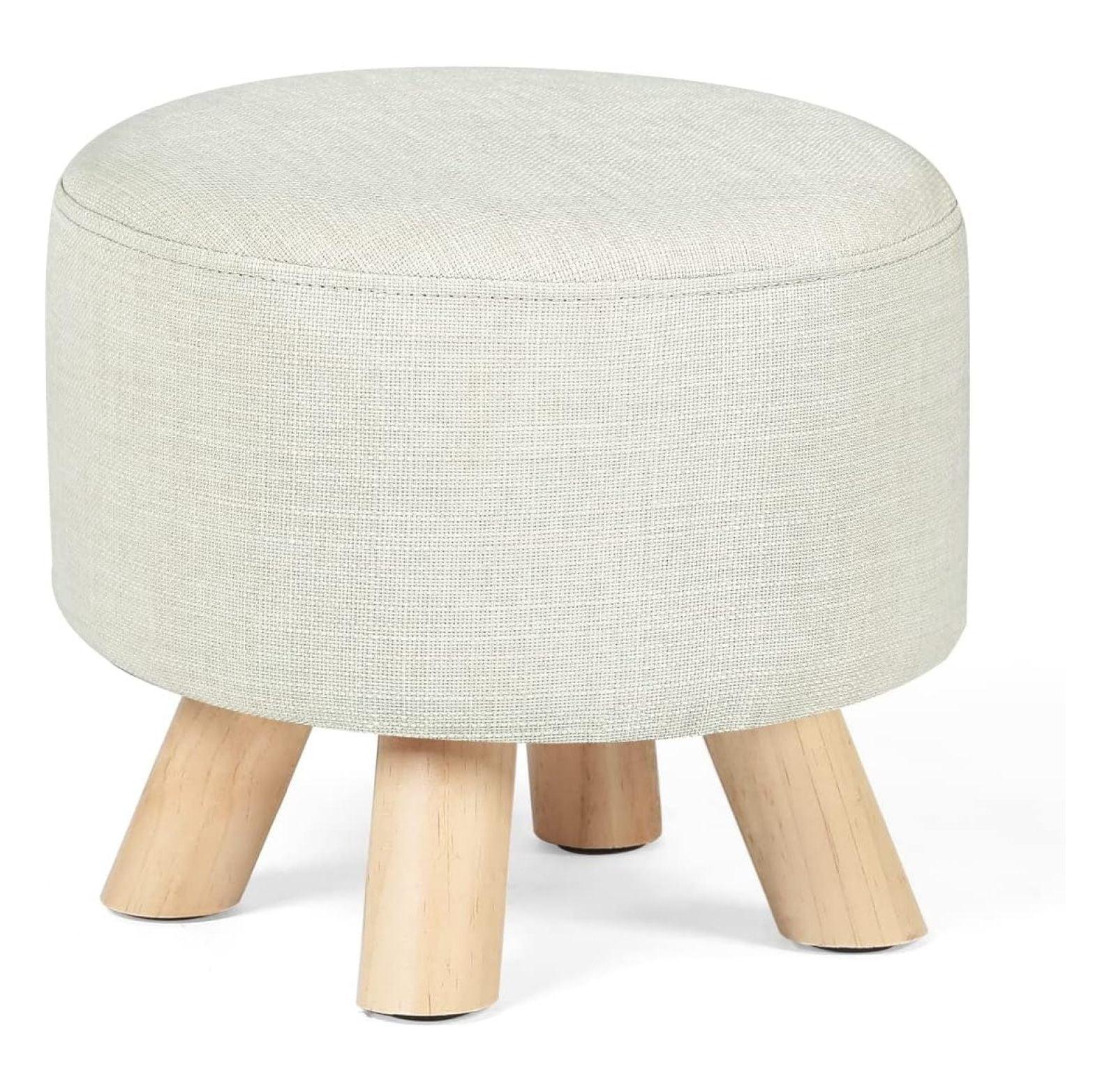 Modern Round Ottoman Foot Rest Stool/Seat with Linen Fabric and Non-Skid Wooden Legs (Beige)