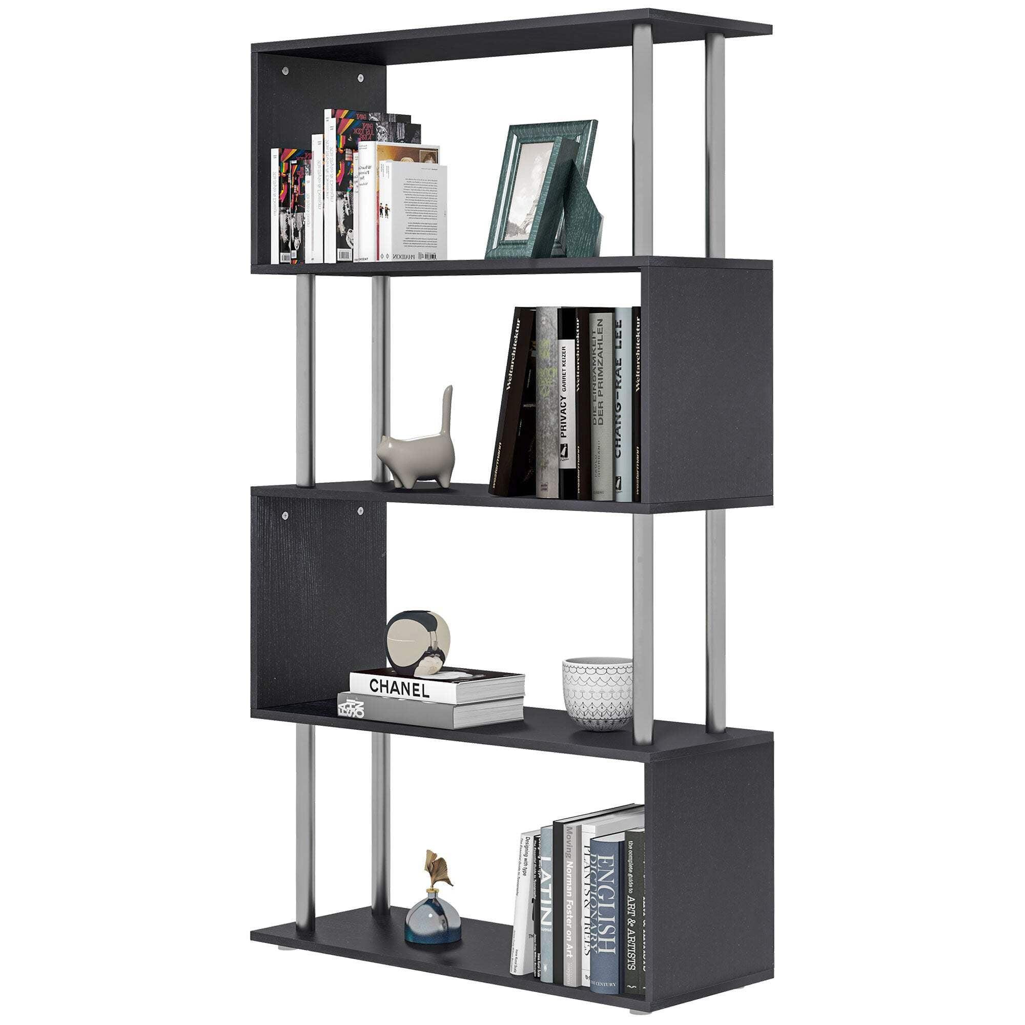 Black S-Shaped 5-Tier Ladder Bookcase with Engineered Wood Shelves