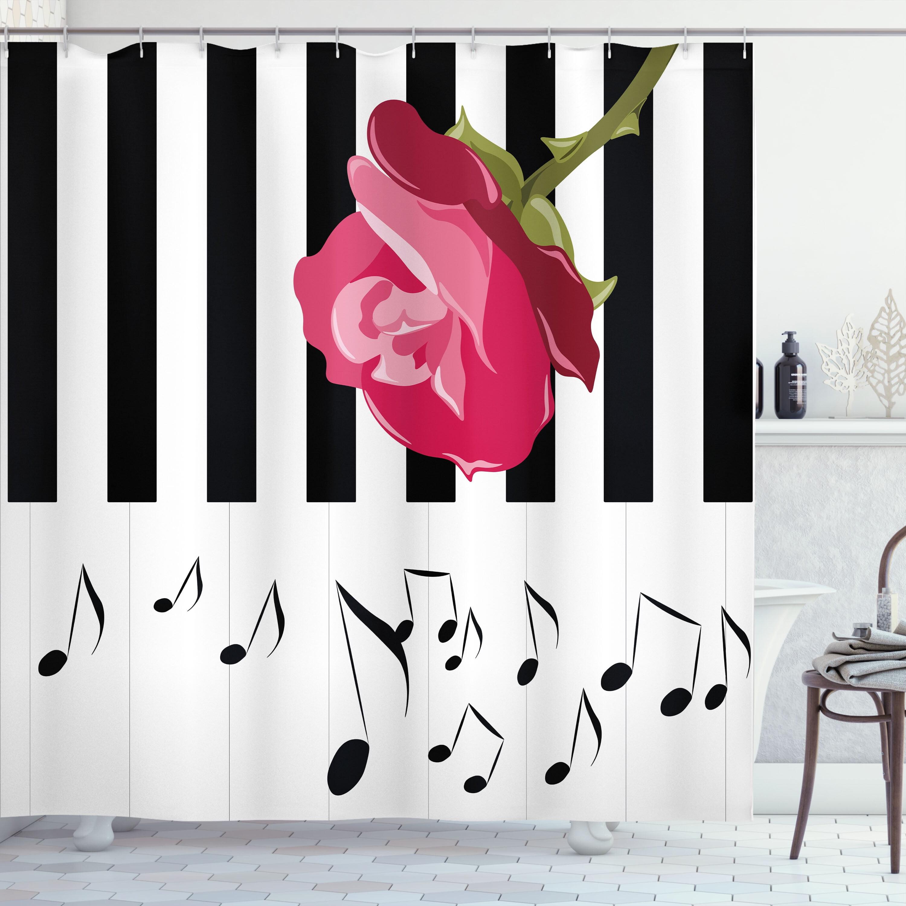 Pink Black White Musical Notes Rose Fabric Shower Curtain