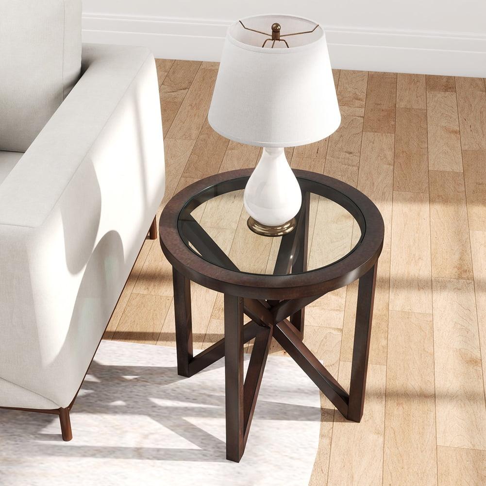 Cherry Round Glass Top End Table with Solid Wood Base