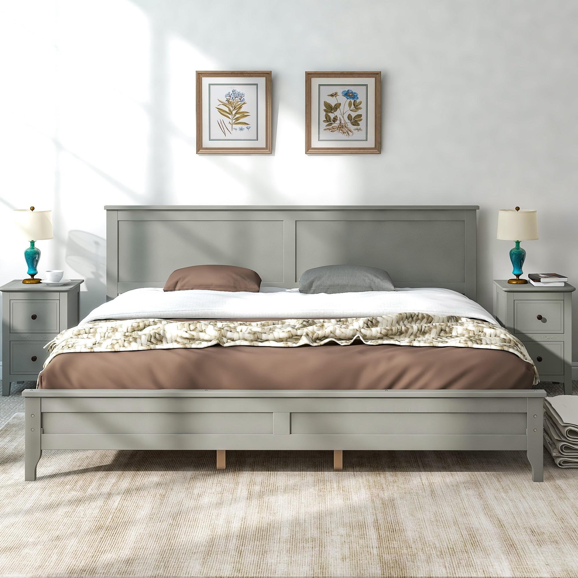 Modern Solid Wood King Platform Bed gray full