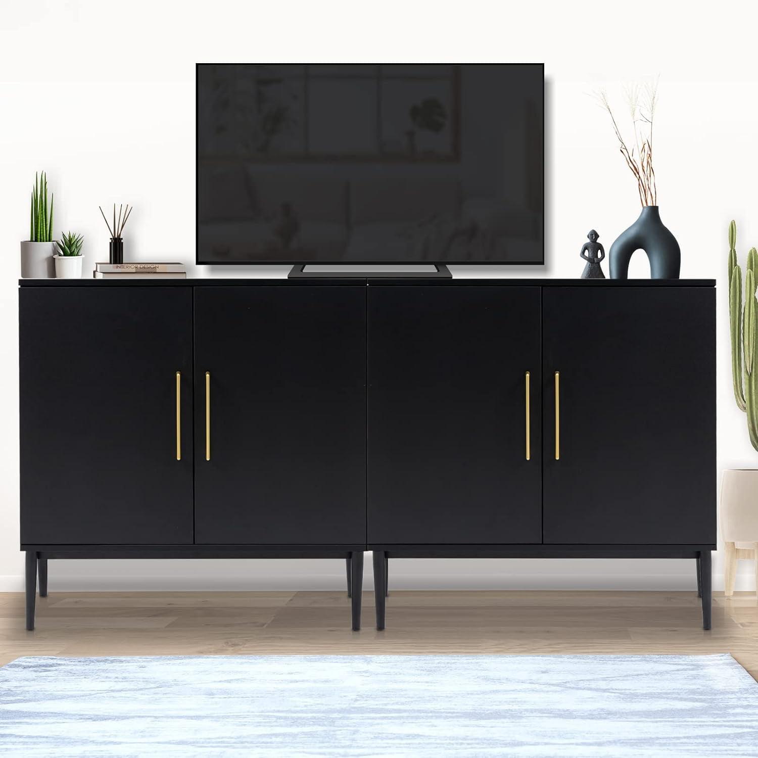 Modern Black Wood Storage Cabinet with Gold Handles