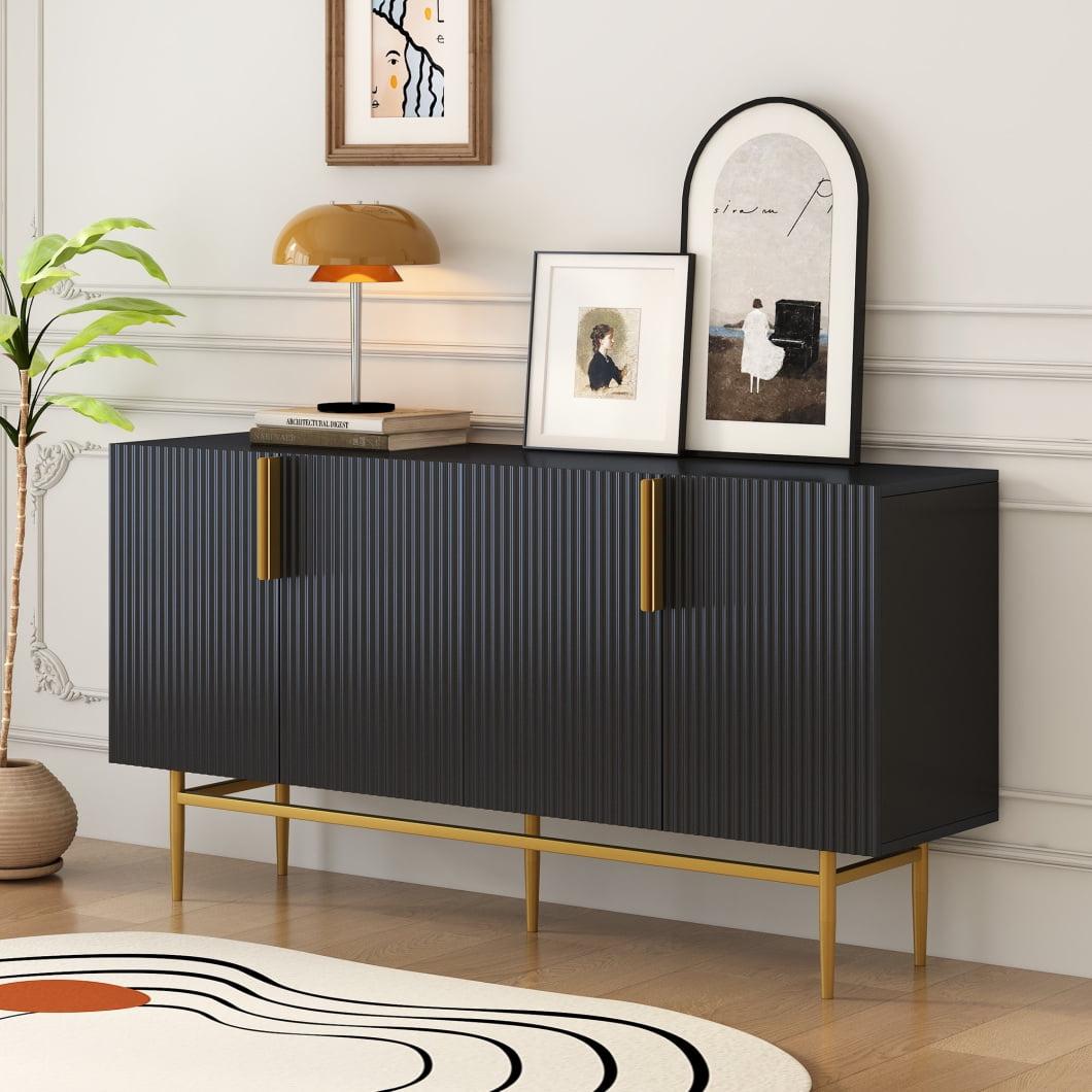 Black Modern 4-Door Sideboard with Gold Metal Handles and Legs