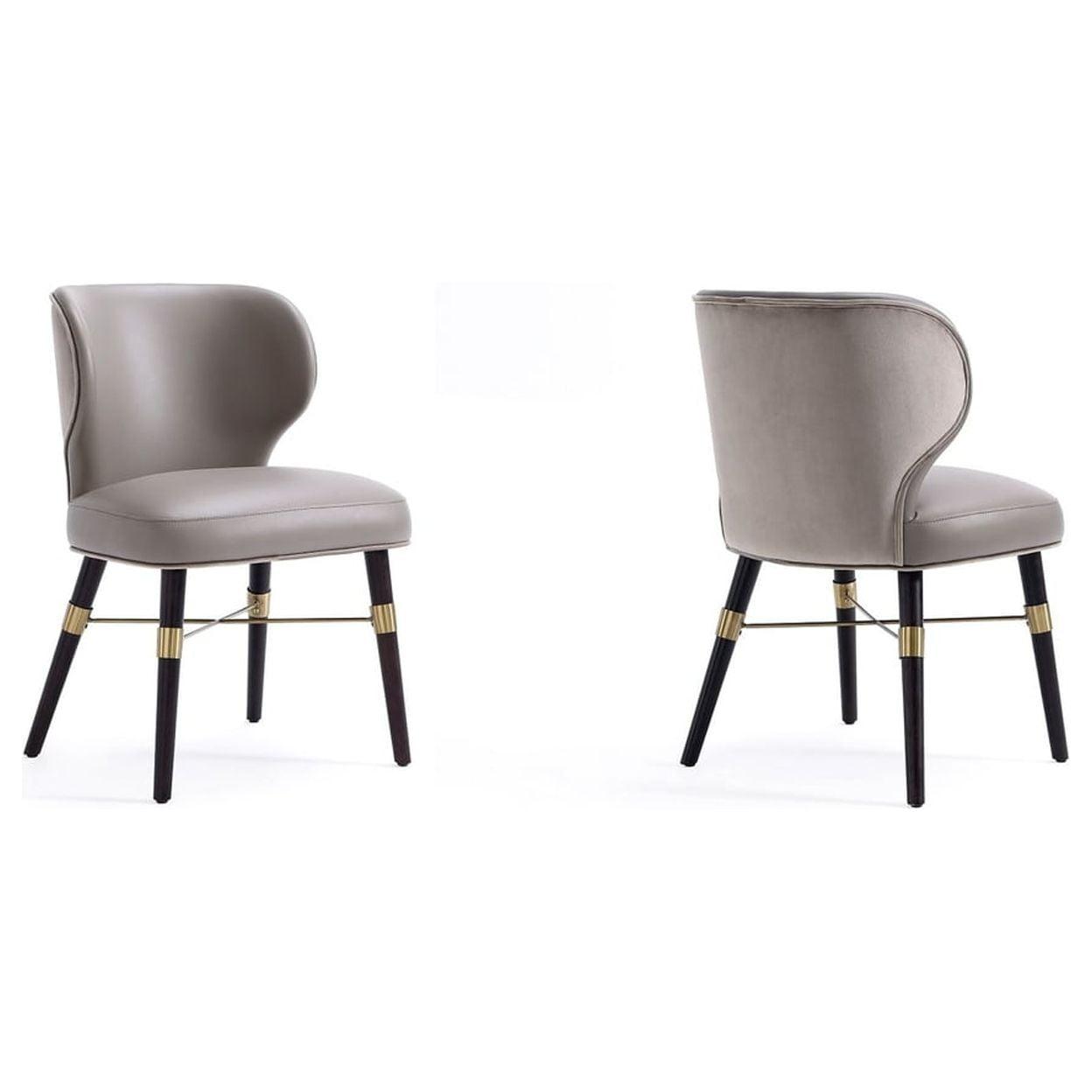 Modern Strine Dining Chair Upholstered in Velvet and Leatherette with Solid Wood Legs in Dark Taupe - Set of 2