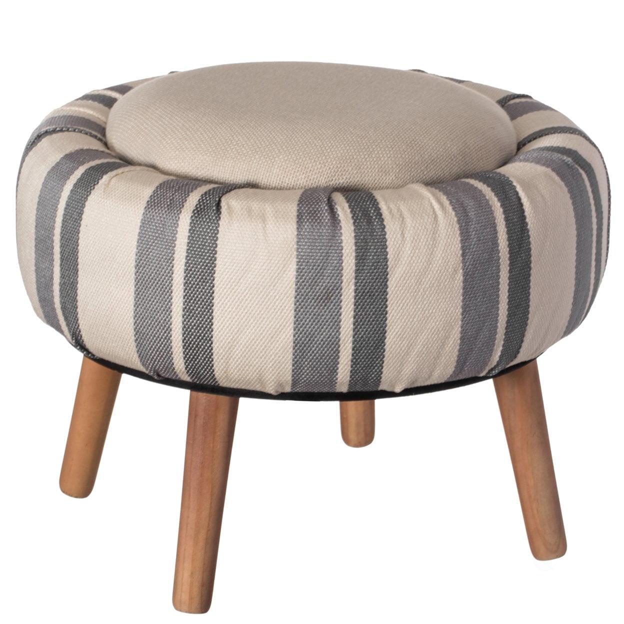 Fabulaxe Modern Striped Round Fabric Ottoman with Inner Storage, White and Blue