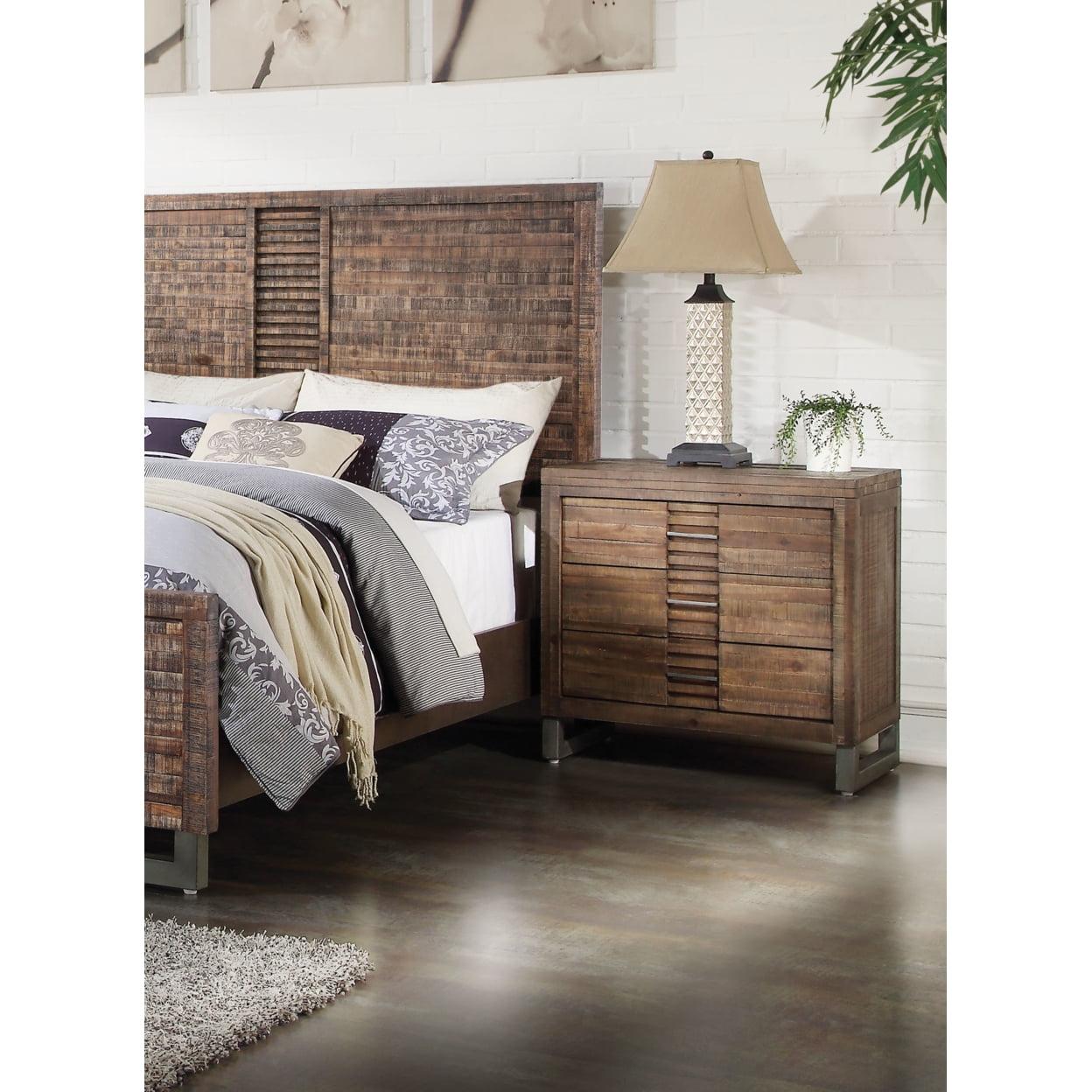Andria Rustic Brown Wood Nightstand with 3 Drawers and Metal Legs