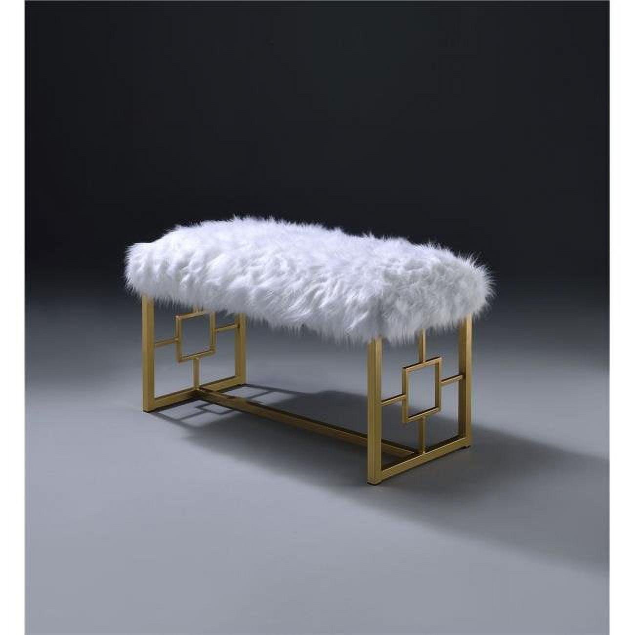 White Faux Fur Upholstered Bench with Gold Geometric Panels