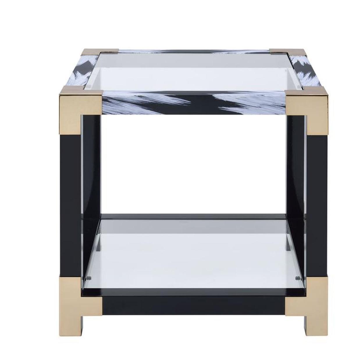 Modern Twisted Black and Gold Metal Glass End Table with Shelf