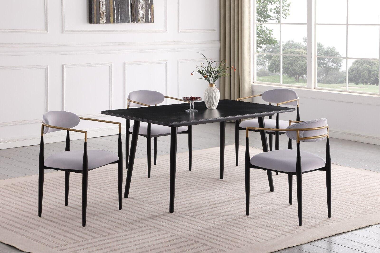 Modern Black Sintered Stone Dining Table with Gray Fabric Chairs