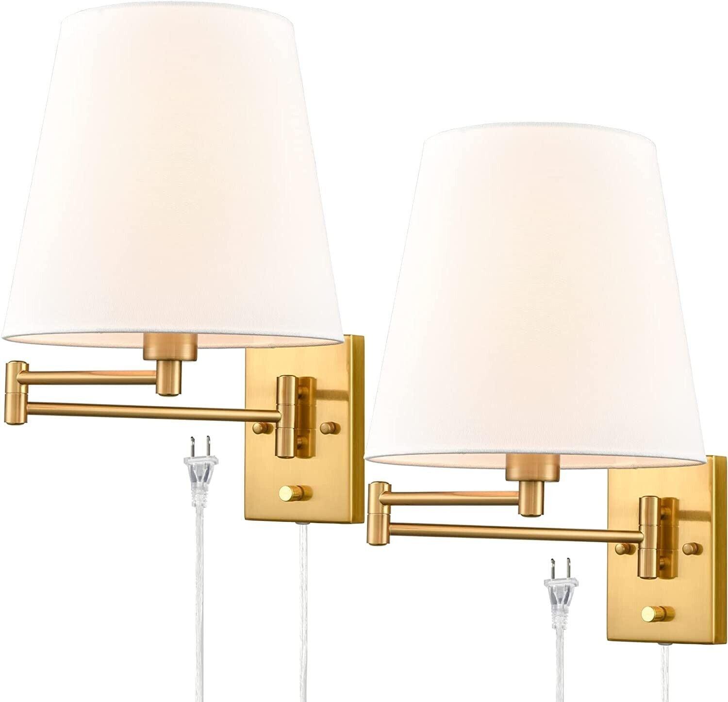 Modern Gold Swing Arm Wall Sconce with Fabric Shade