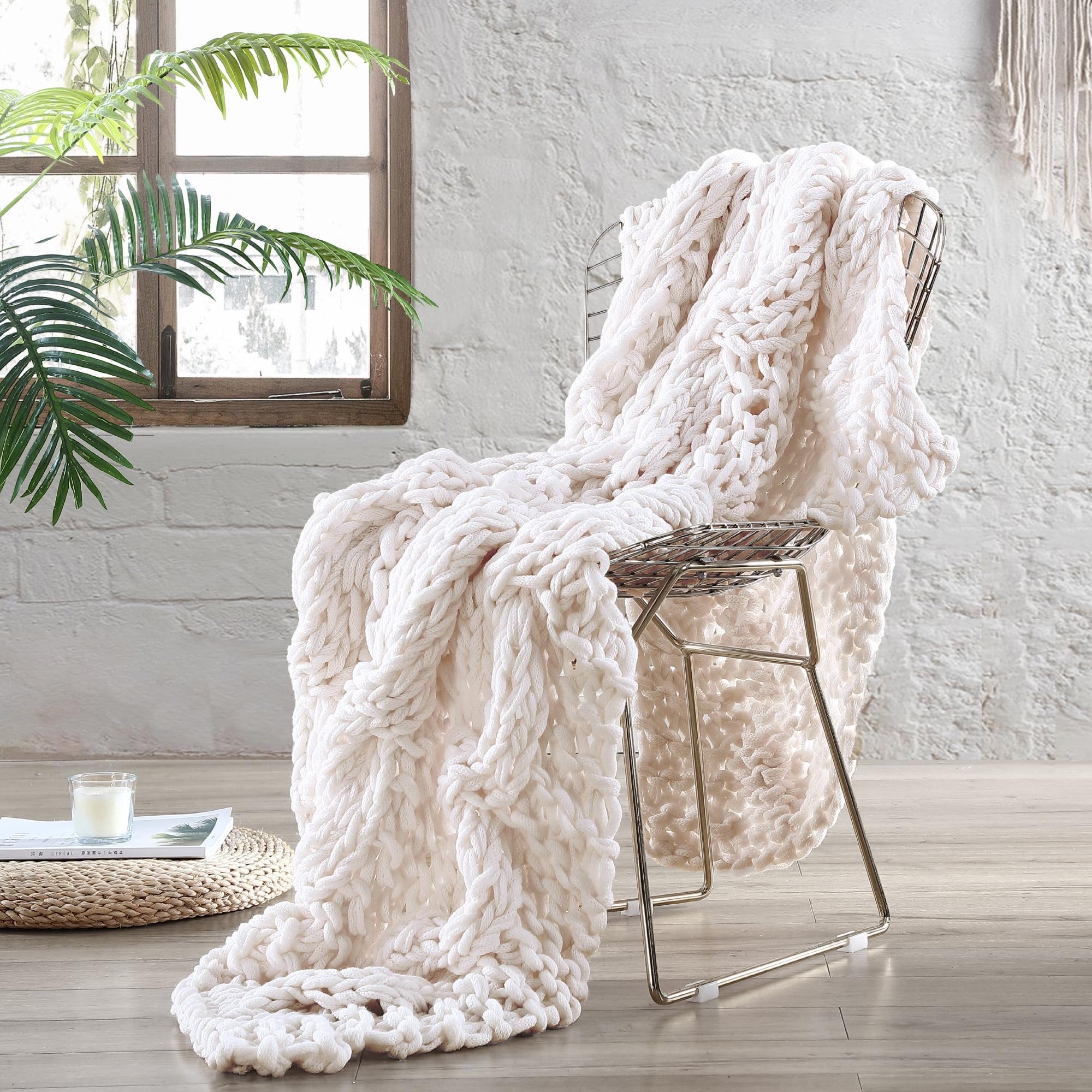 Reversible Chunky Knit Off-White Throw Blanket, 50" x 60"