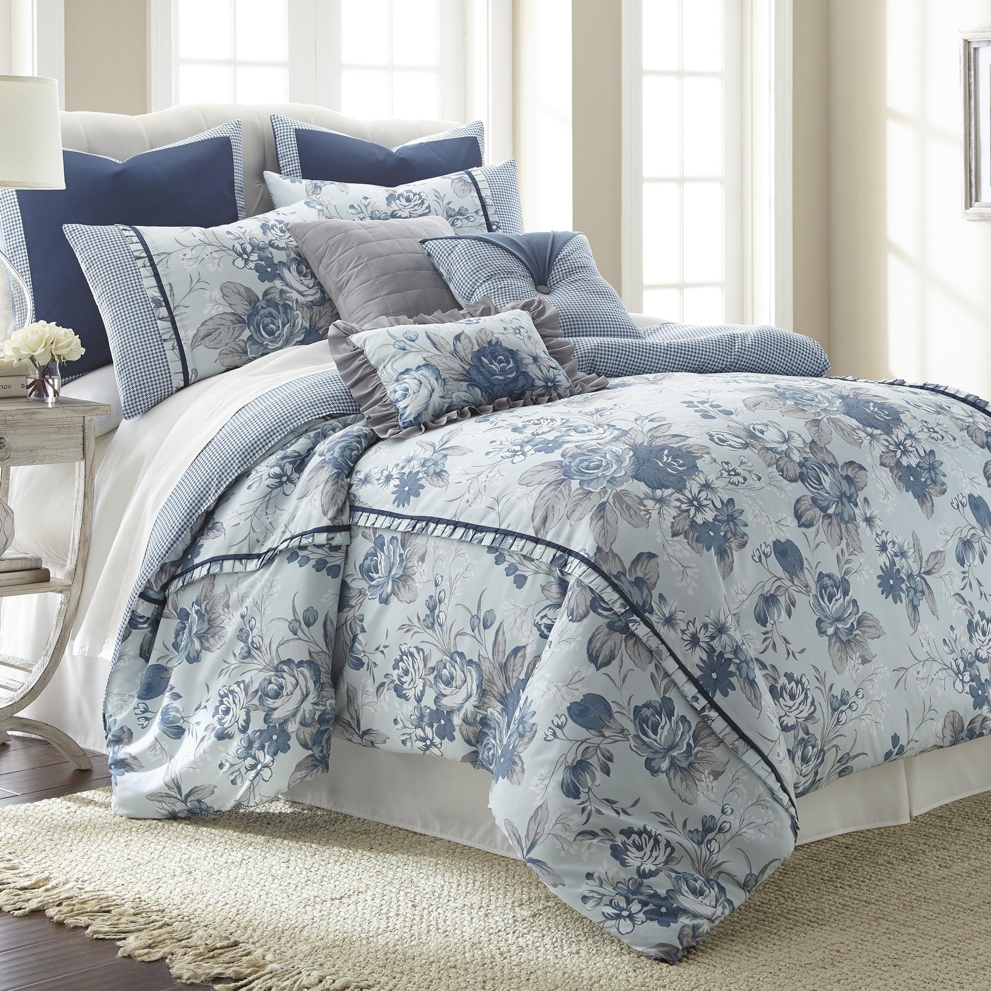 King Blue Floral Microfiber Reversible Comforter Set