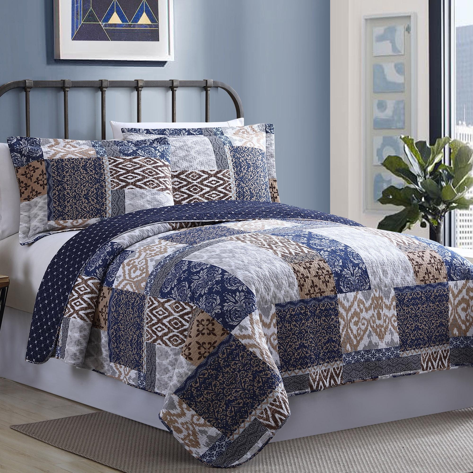 Blue and Beige Cotton Reversible Full Quilt Set