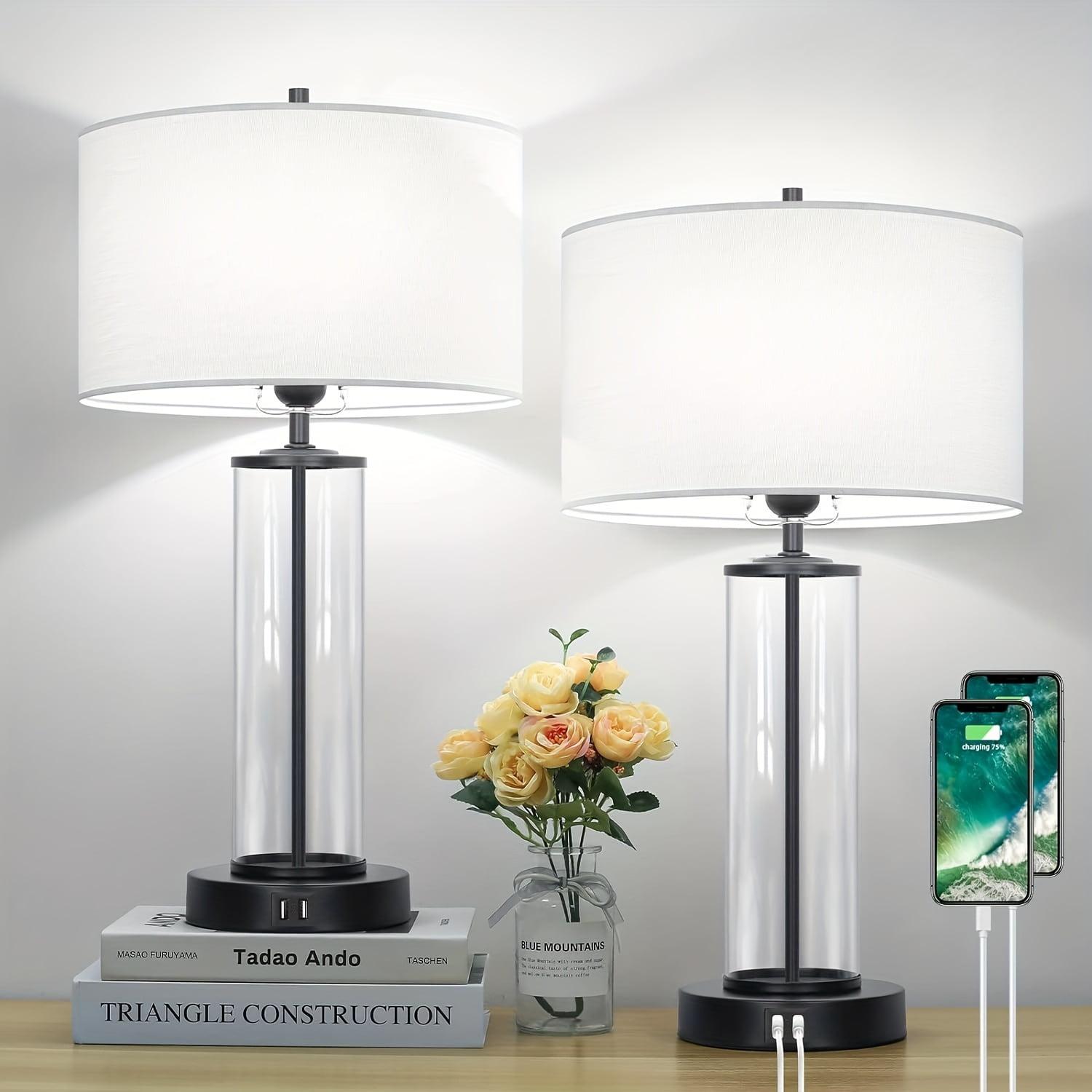 Modern White Fabric Drum Shade Table Lamp Set with USB Ports