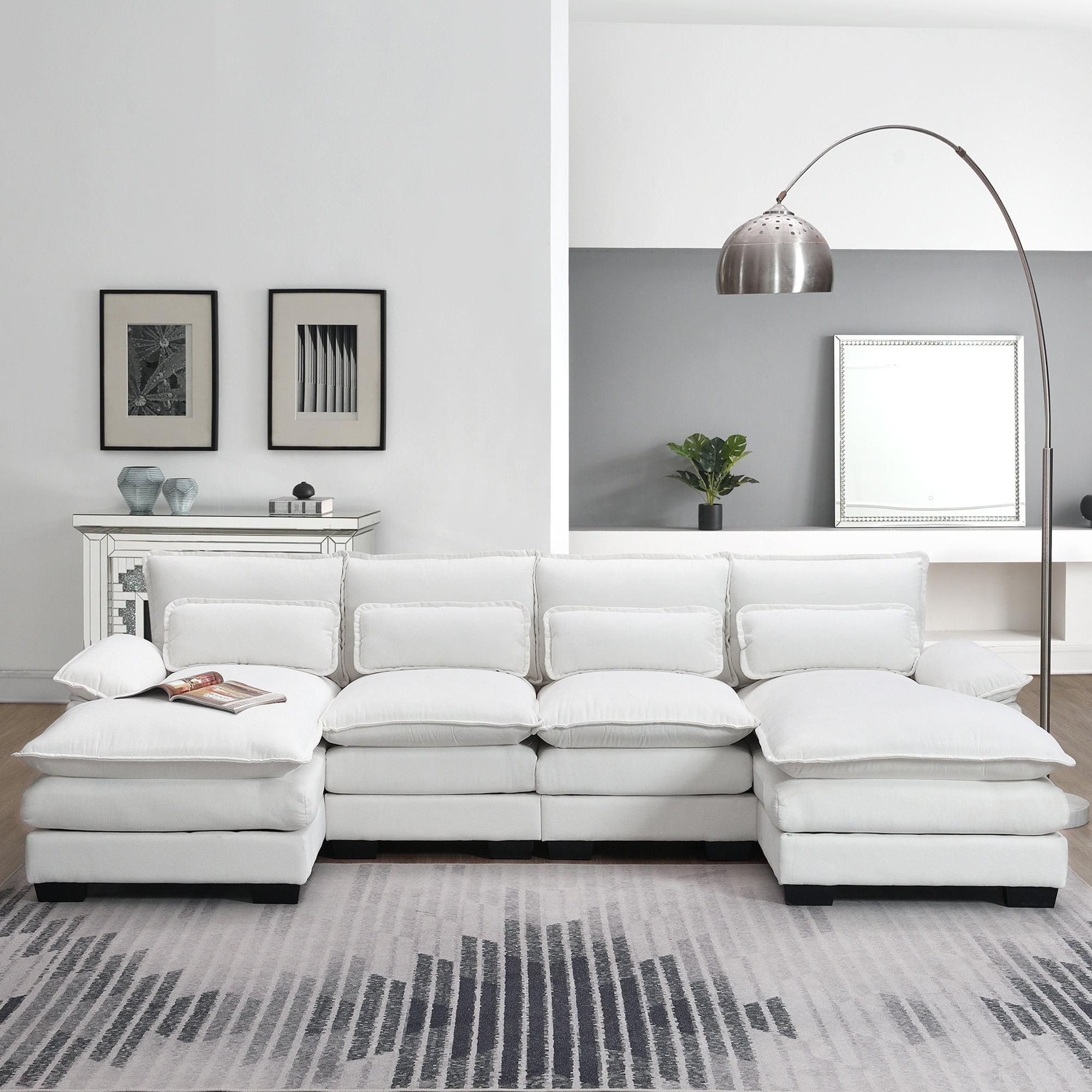 White Velvet Twin U-Shaped Sectional Sofa with Removable Cushions