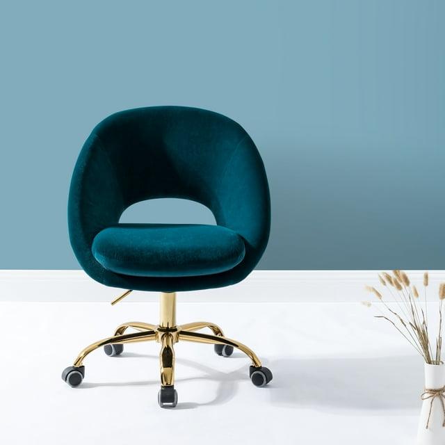 Modern Velvet Office Desk Chair Adjustable Swivel Upholstered Open Back Living Room Vanity Teal