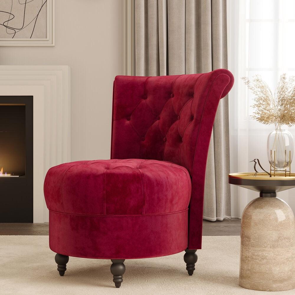 Crimson Velvet Low Back Accent Chair with Tufted Buttons