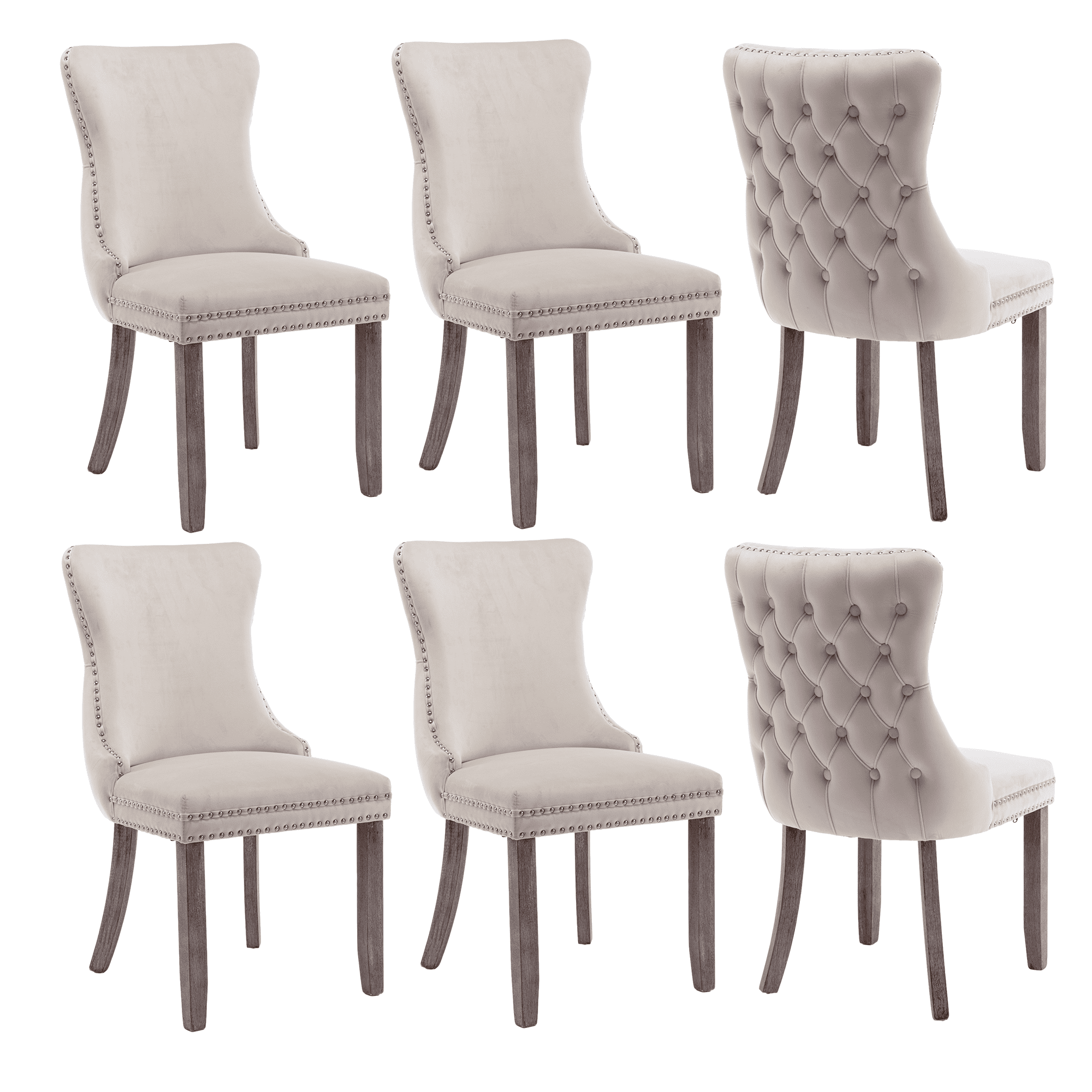 Tzicr Tufted Dining Chairs Set of 6, Upholstered Dining Chairs with Nailhead Back, Nailhead Trim, Velvet Dining Chairs for Kitchen/Bedroom/Dining Room(Beige)