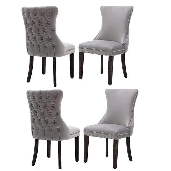 Modern Velvet Upholstered Dining Chairs with Back Button Nailhead Trim Accent Side Chairs with Wood Legs for Kitchen Dining Room(Gray,Set of 4)
