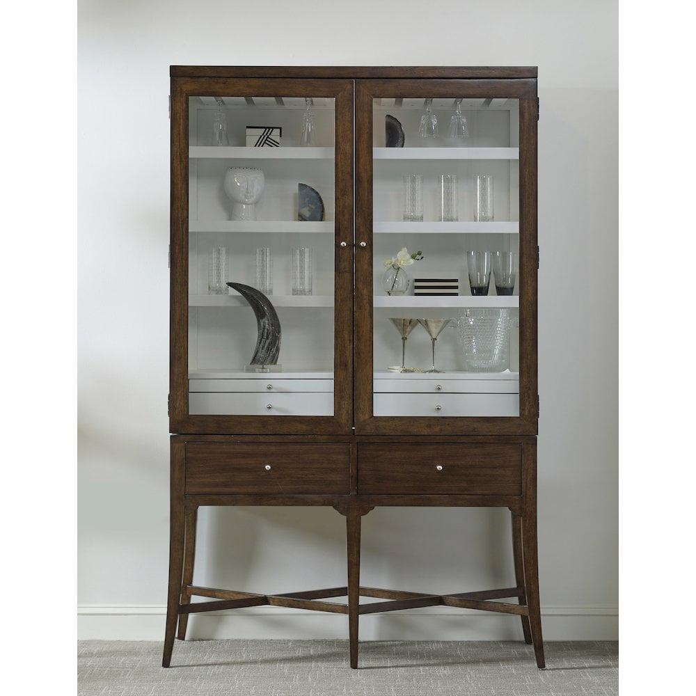 Modern Brown Wood Bar Cabinet with Glass Doors and Storage