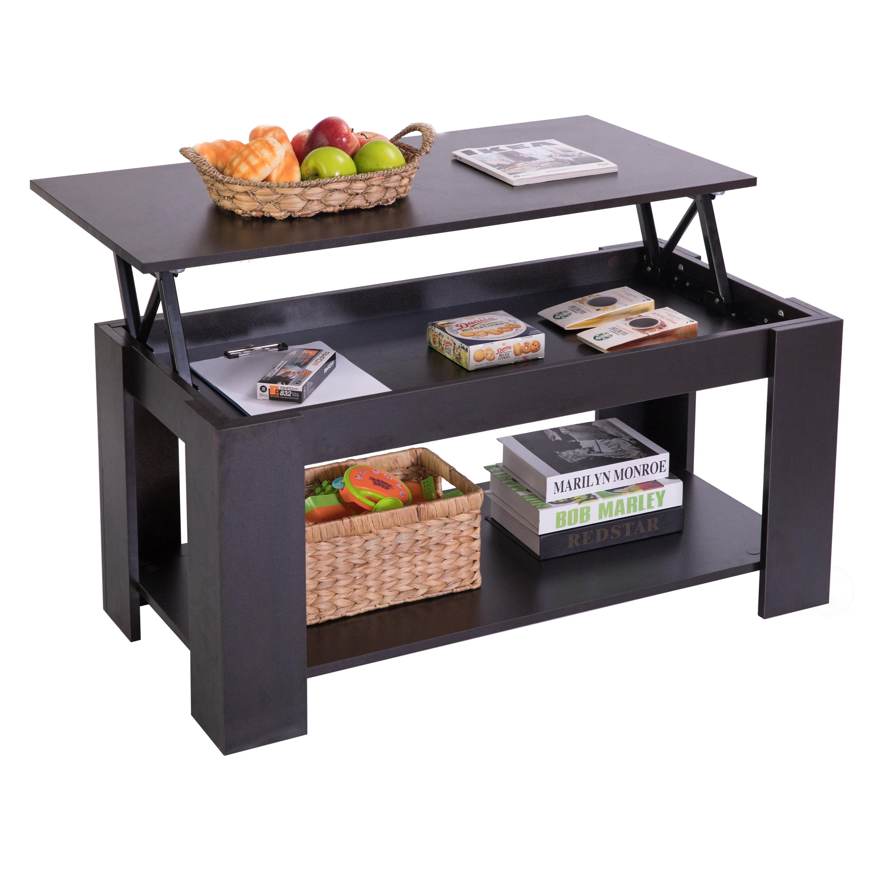 Sleek Black Wood Rectangular Coffee Table with Lift-Top Storage